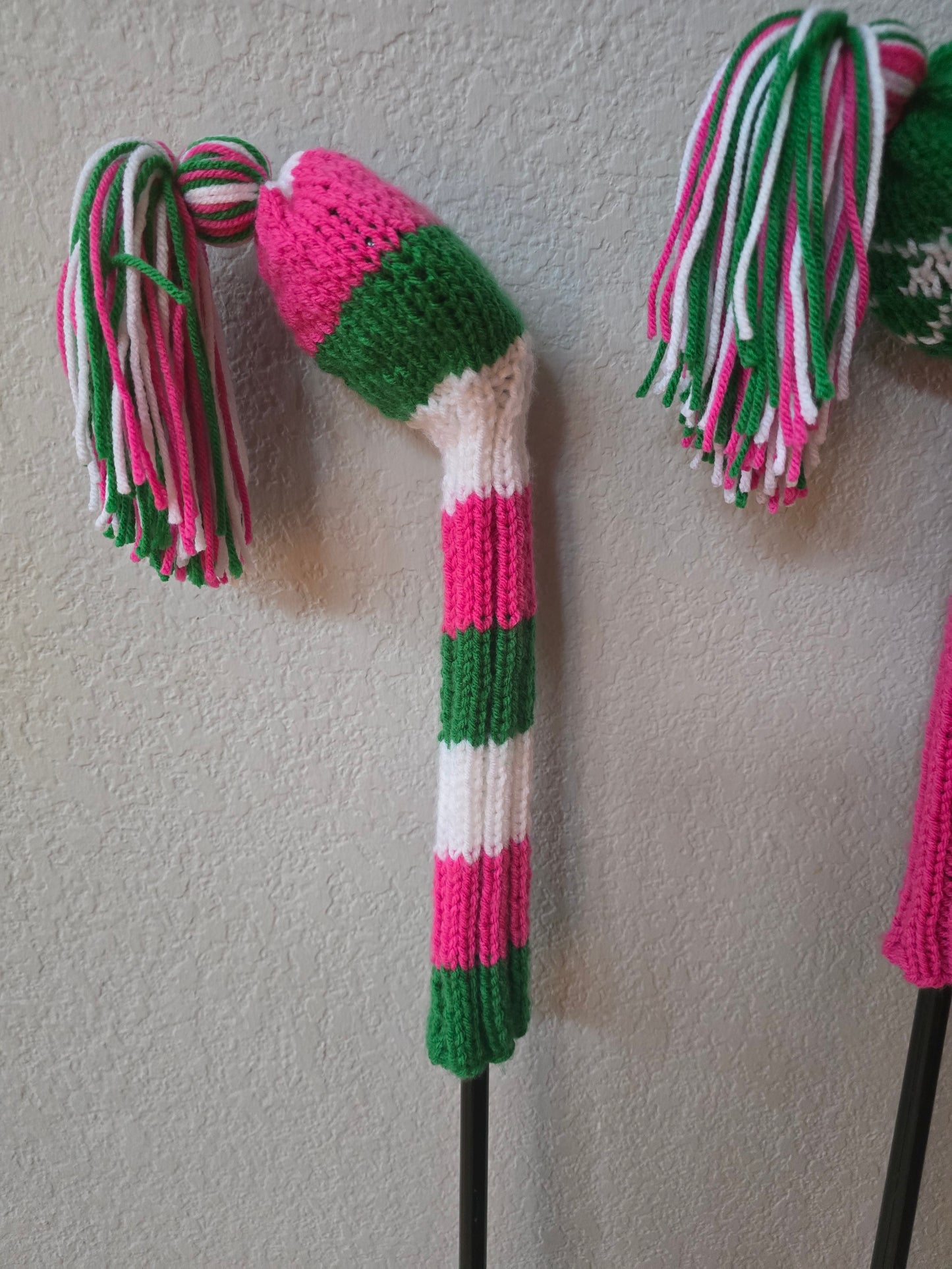 Golf Club Head Covers Retro-Vintage Pink, Green & White with Tassels for Drivers, Woods