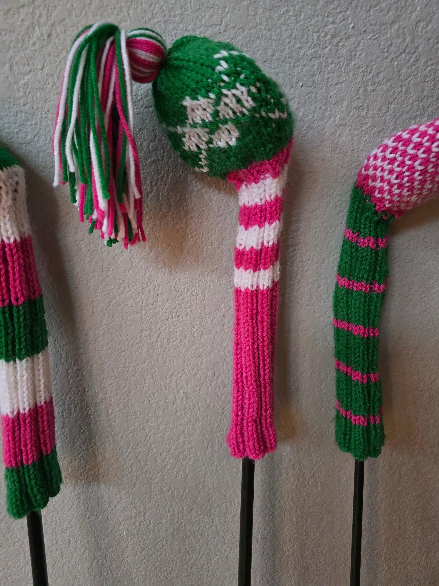 Golf Club Head Covers Retro-Vintage Pink, Green & White with Tassels for Drivers, Woods