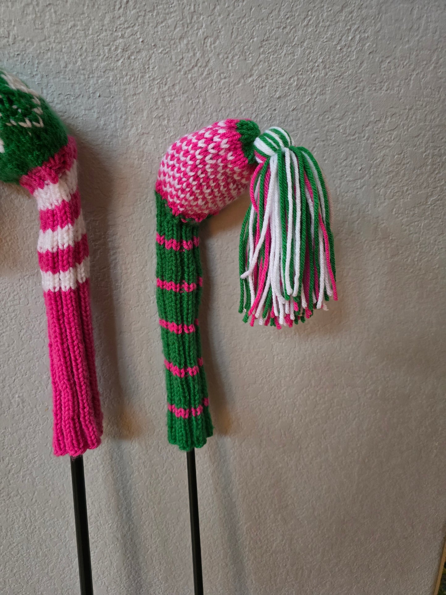 Golf Club Head Covers Retro-Vintage Pink, Green & White with Tassels for Drivers, Woods