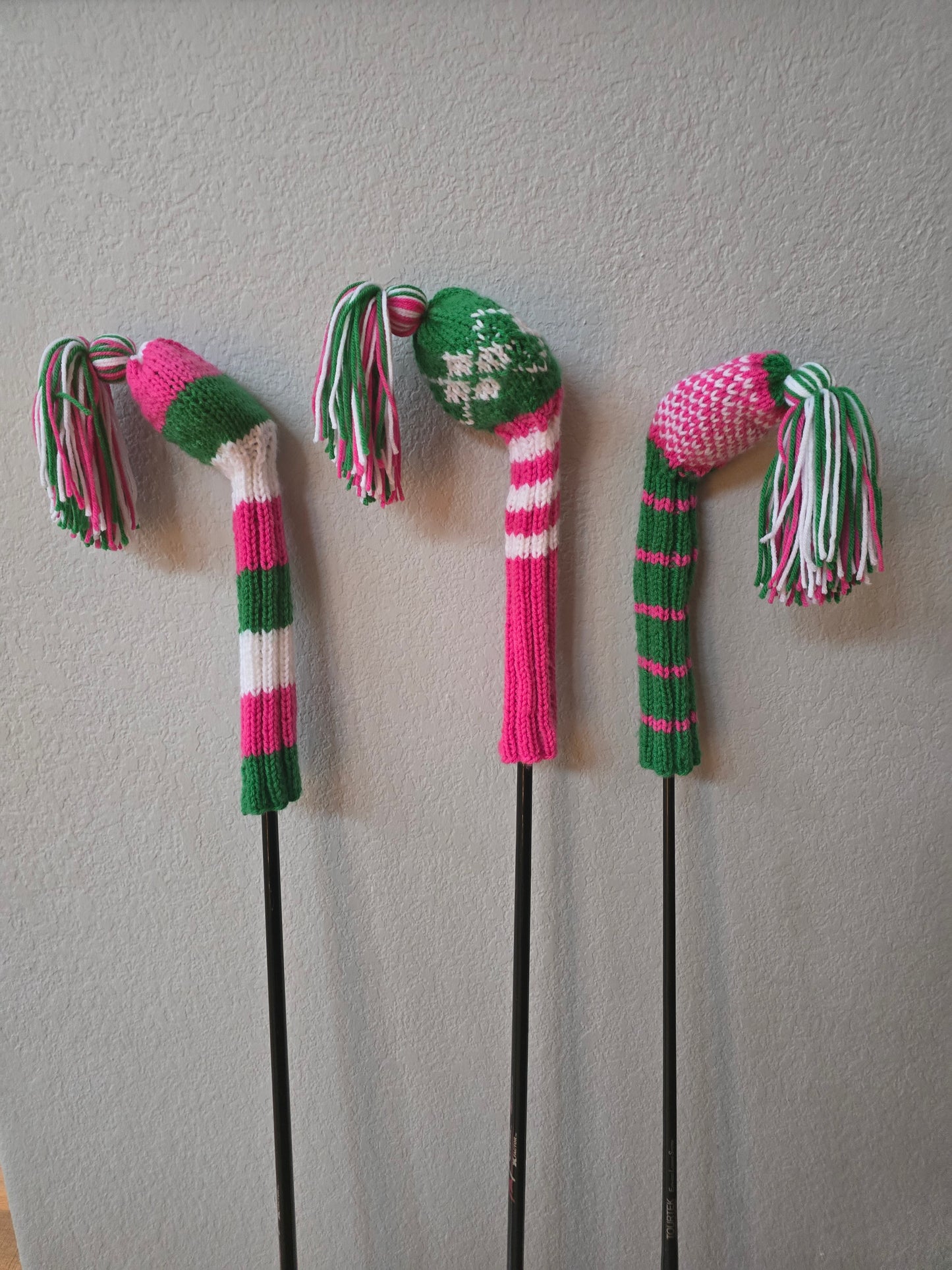 Golf Club Head Covers Retro-Vintage Pink, Green & White with Tassels for Drivers, Woods