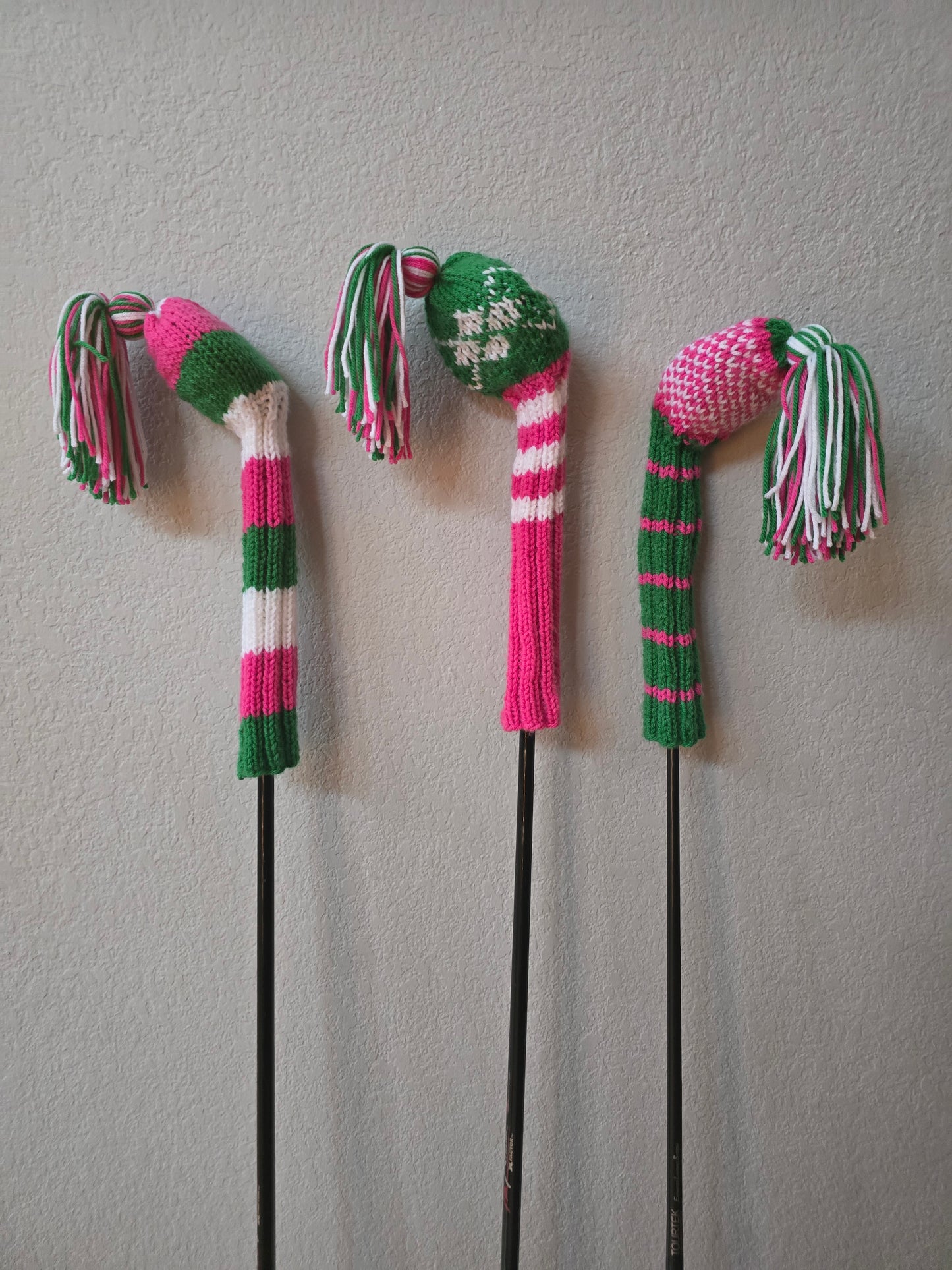 Golf Club Head Covers Retro-Vintage Pink, Green & White with Tassels for Drivers, Woods