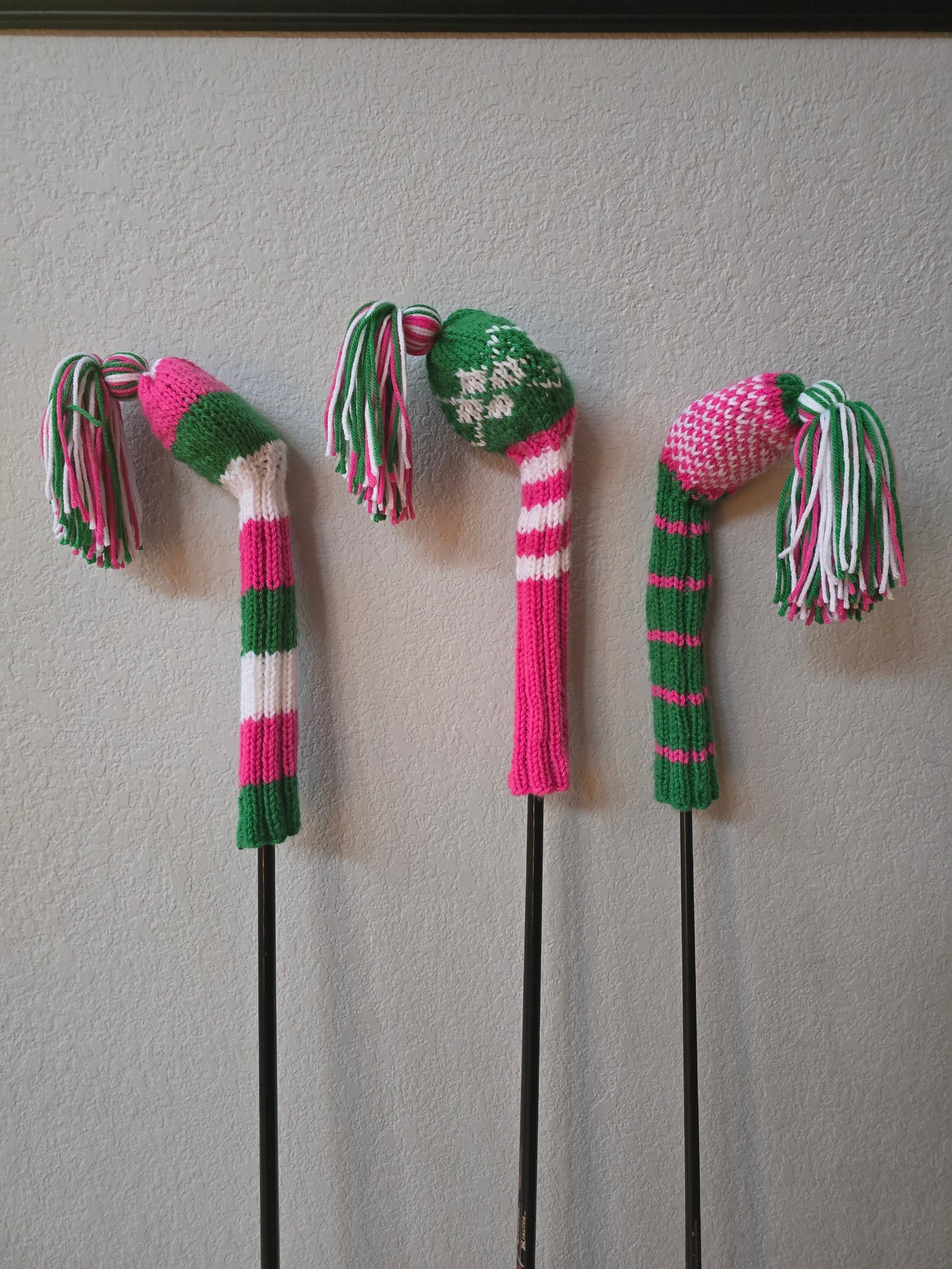 Golf Club Head Covers Retro-Vintage Pink, Green & White with Tassels for Drivers, Woods