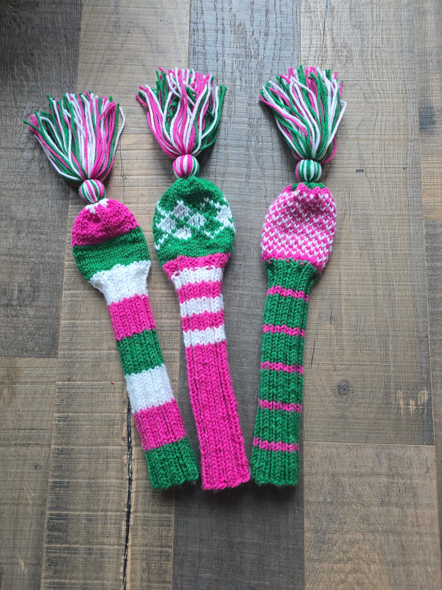 Golf Club Head Covers Retro-Vintage Pink, Green & White with Tassels for Drivers, Woods