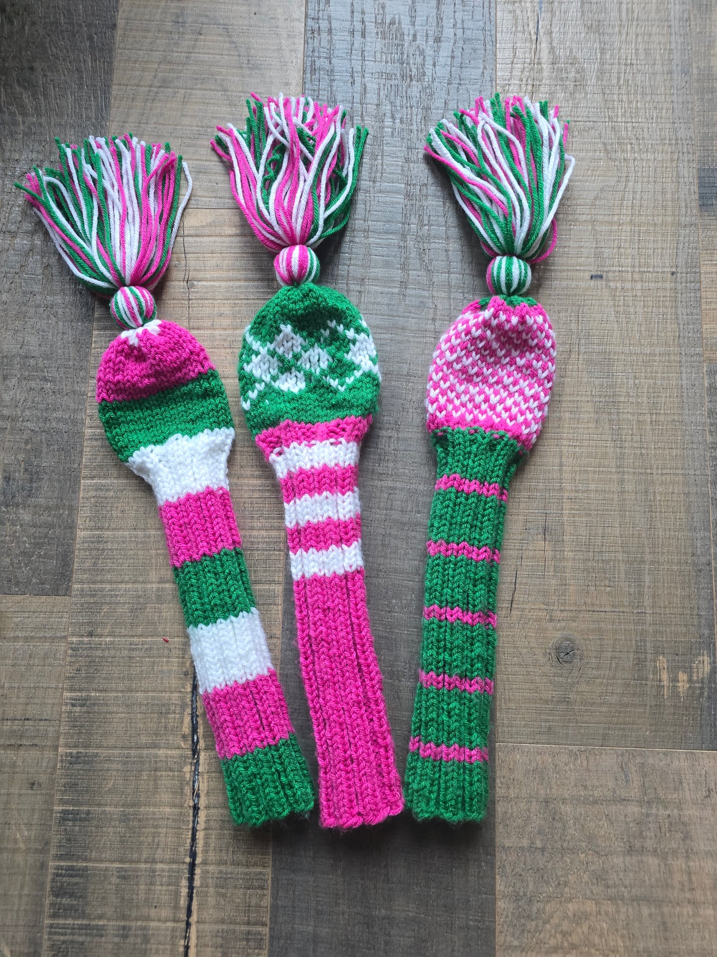 Golf Club Head Covers Retro-Vintage Pink, Green & White with Tassels for Drivers, Woods