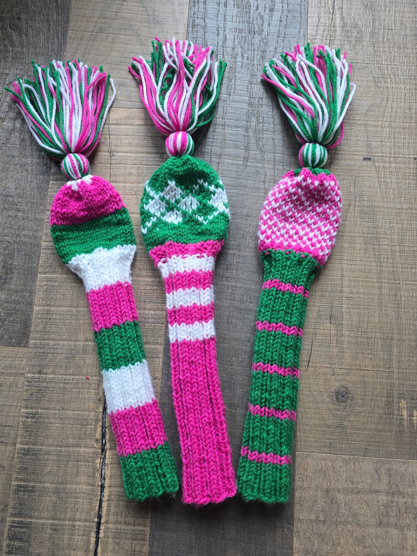 Golf Club Head Covers Retro-Vintage Pink, Green & White with Tassels for Drivers, Woods