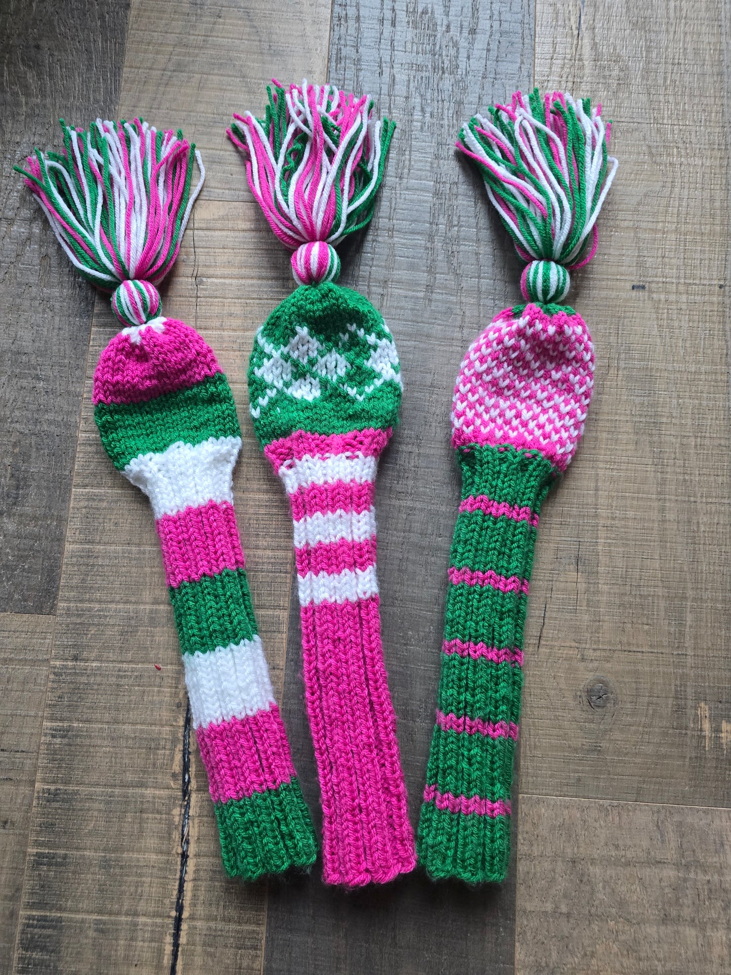 Golf Club Head Covers Retro-Vintage Pink, Green & White with Tassels for Drivers, Woods