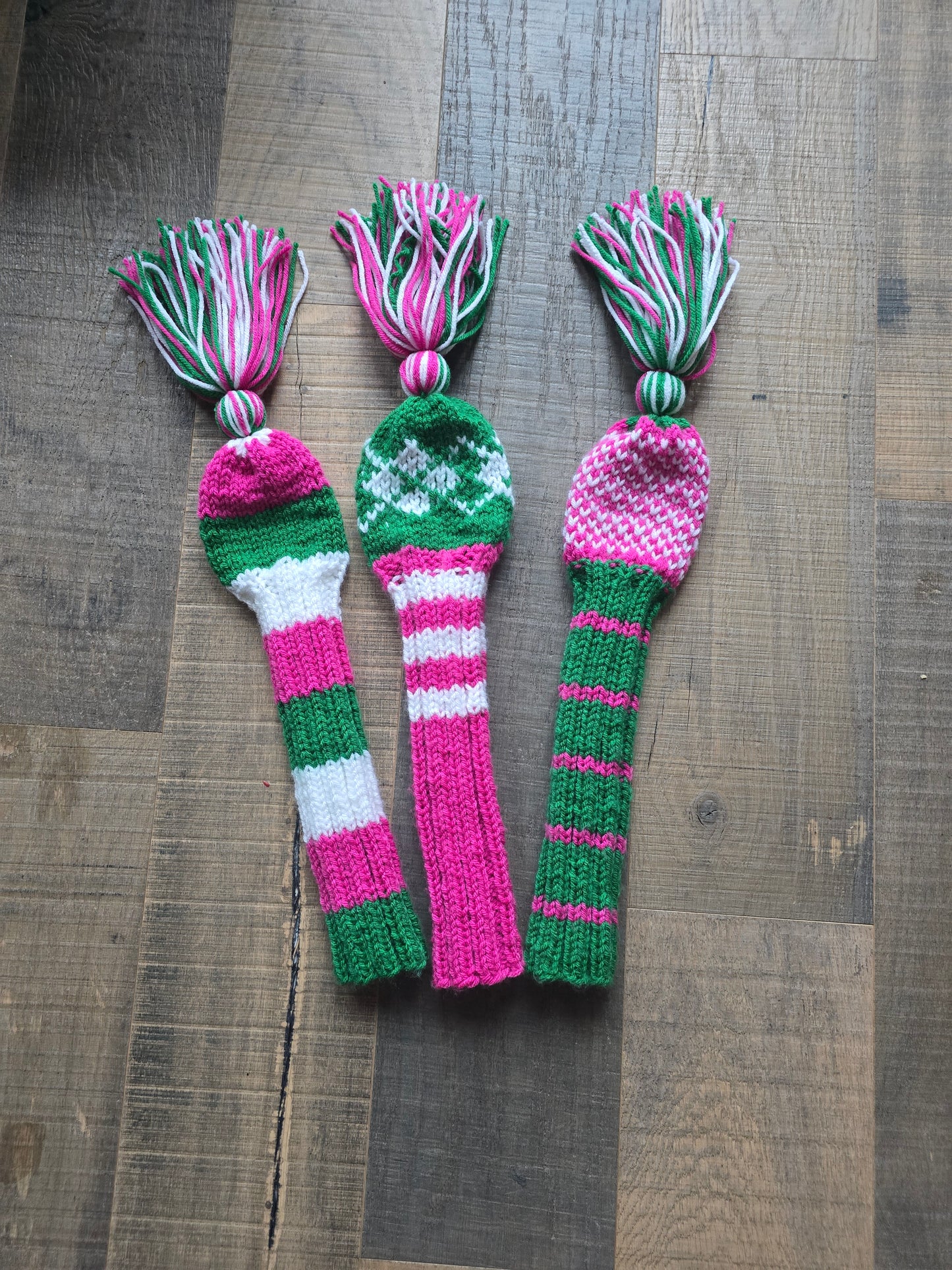 Golf Club Head Covers Retro-Vintage Pink, Green & White with Tassels for Drivers, Woods