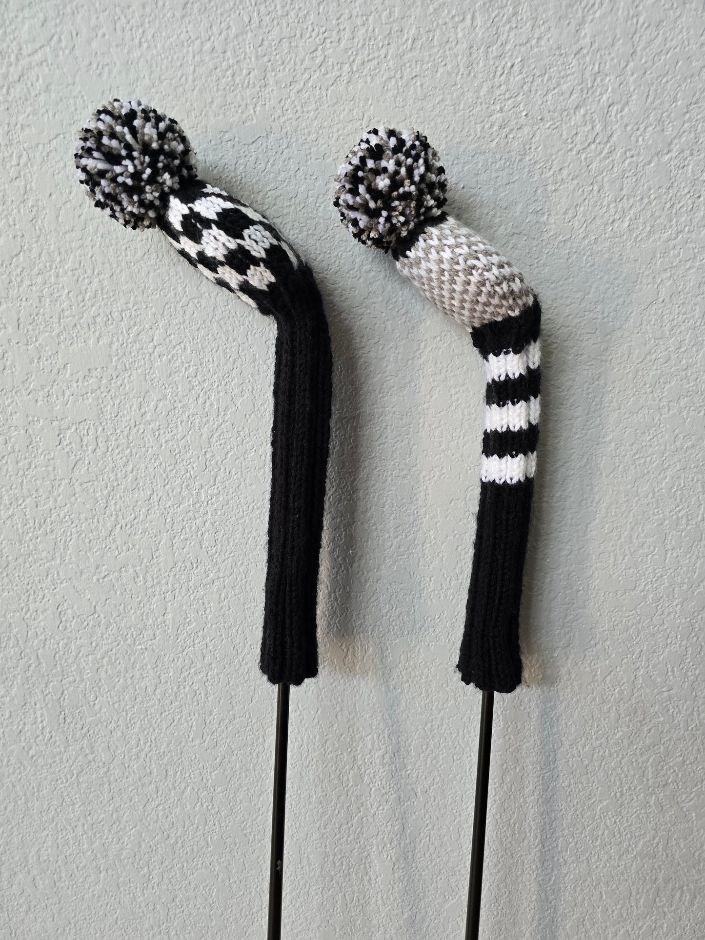 Golf Club Covers Hand Knit Black & White with Pom Poms for Fairway Woods