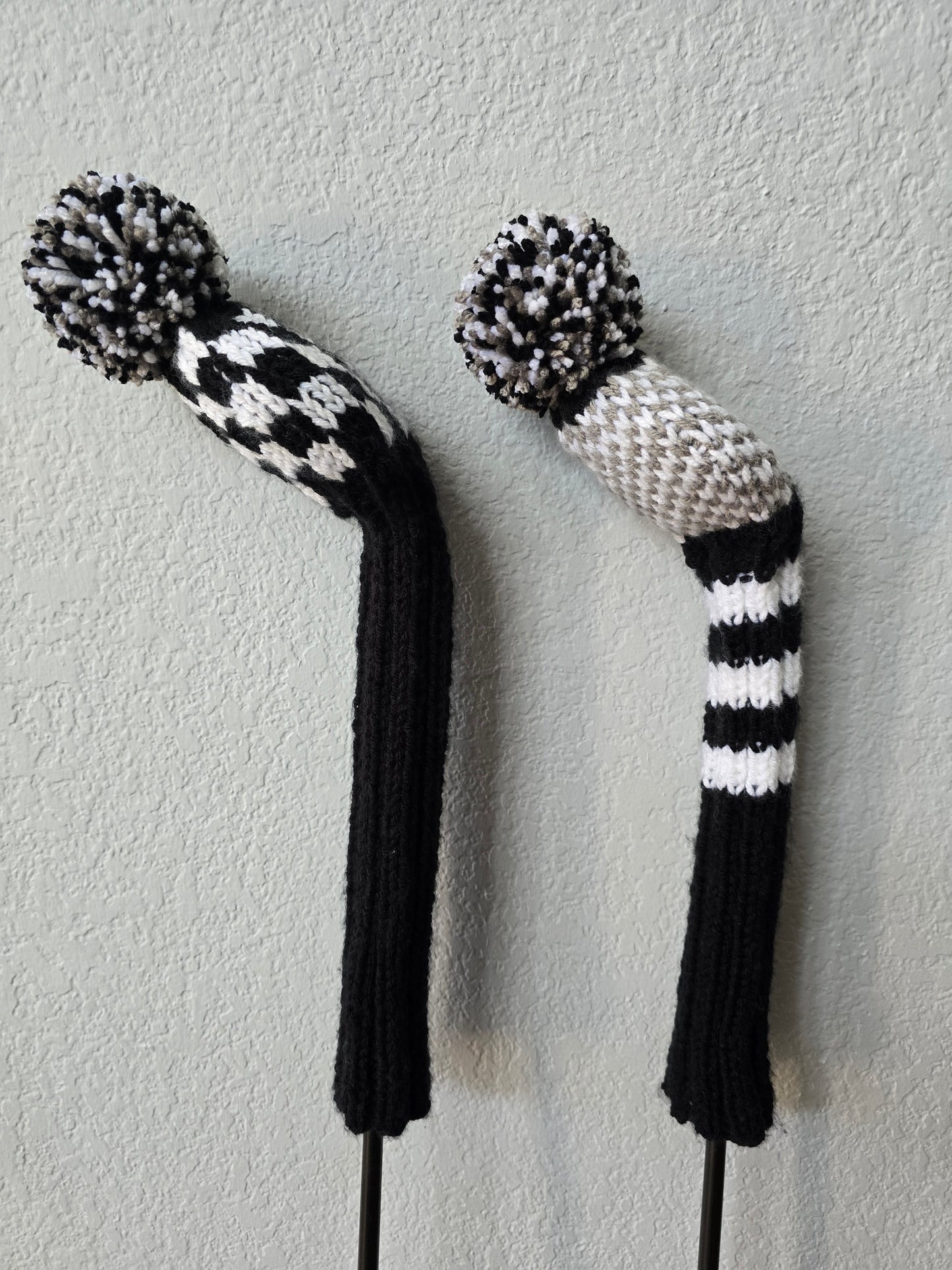 Golf Club Covers Hand Knit Black & White with Pom Poms for Fairway Woods