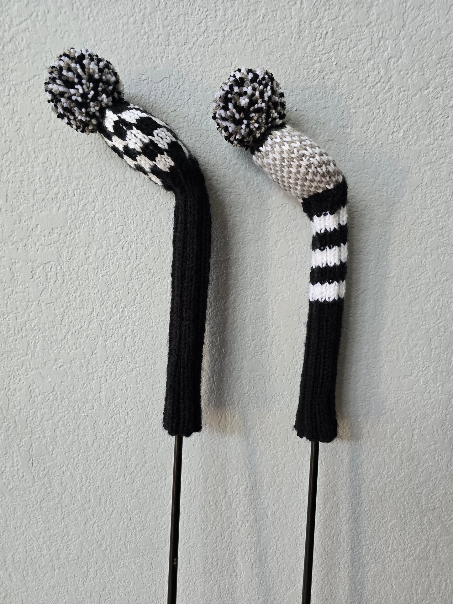 Golf Club Covers Hand Knit Black & White with Pom Poms for Fairway Woods