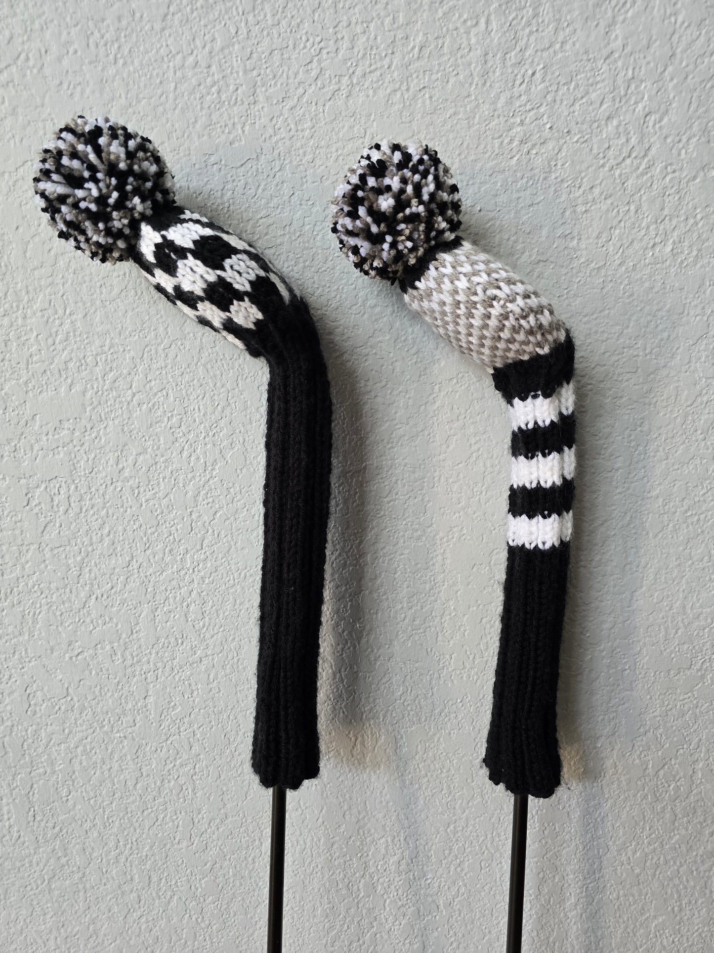 Golf Club Covers Hand Knit Black & White with Pom Poms for Fairway Woods