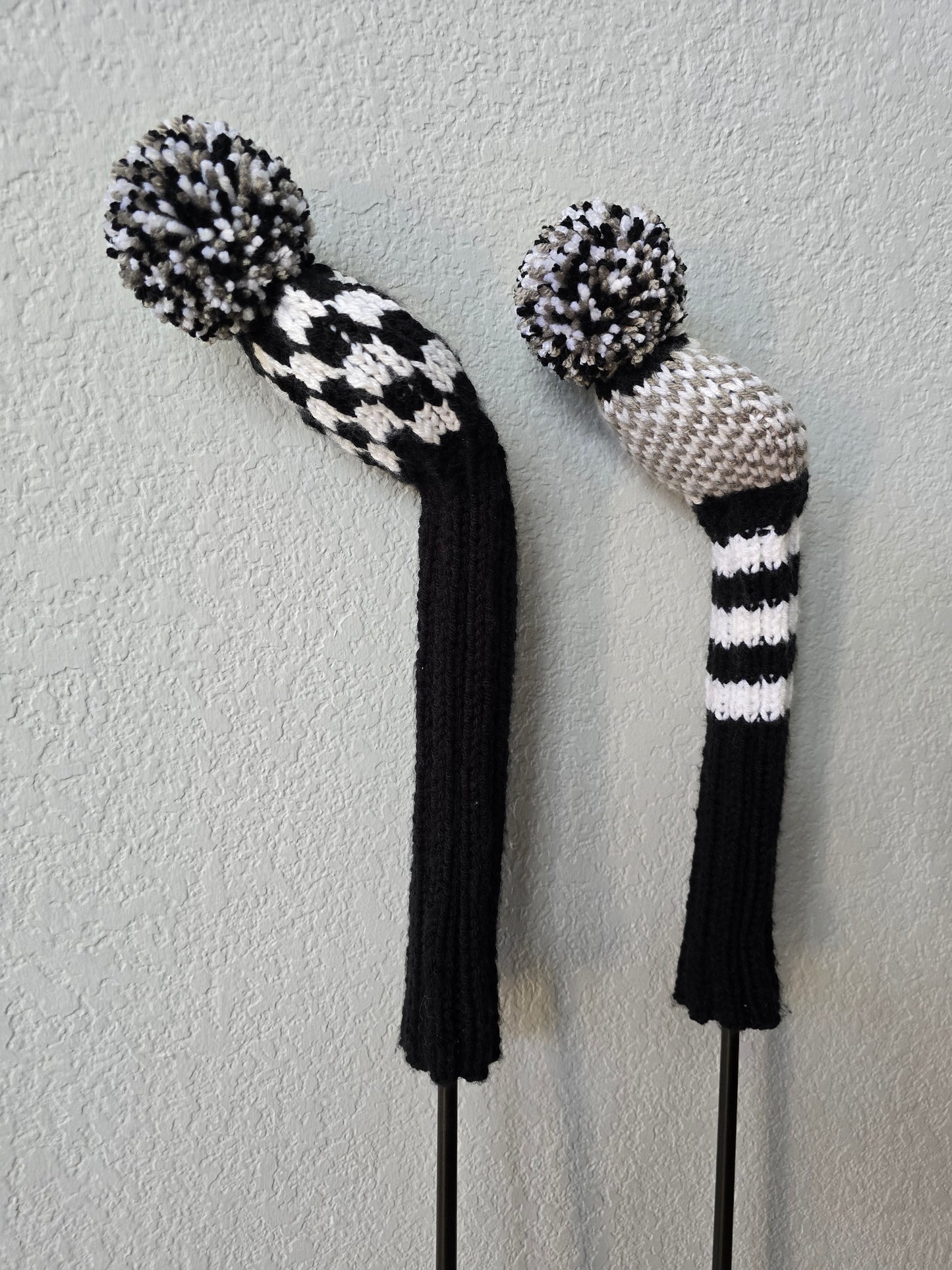 Golf Club Covers Hand Knit Black & White with Pom Poms for Fairway Woods