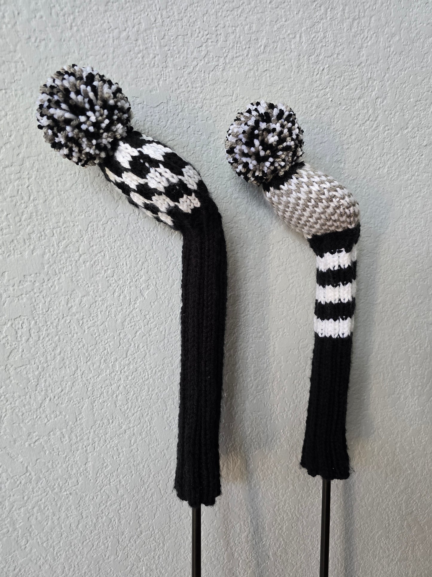 Golf Club Covers Hand Knit Black & White with Pom Poms for Fairway Woods