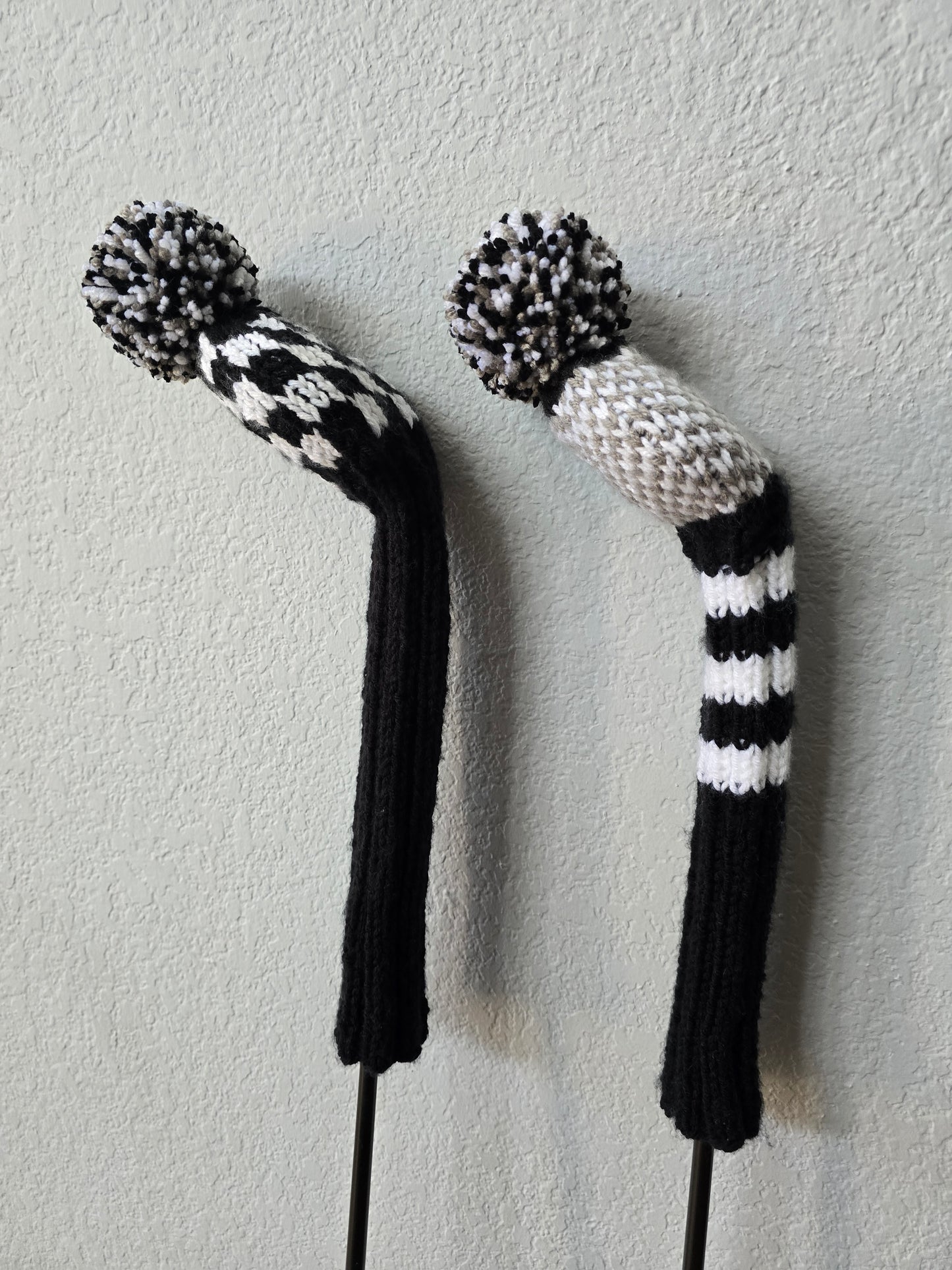 Golf Club Covers Hand Knit Black & White with Pom Poms for Fairway Woods