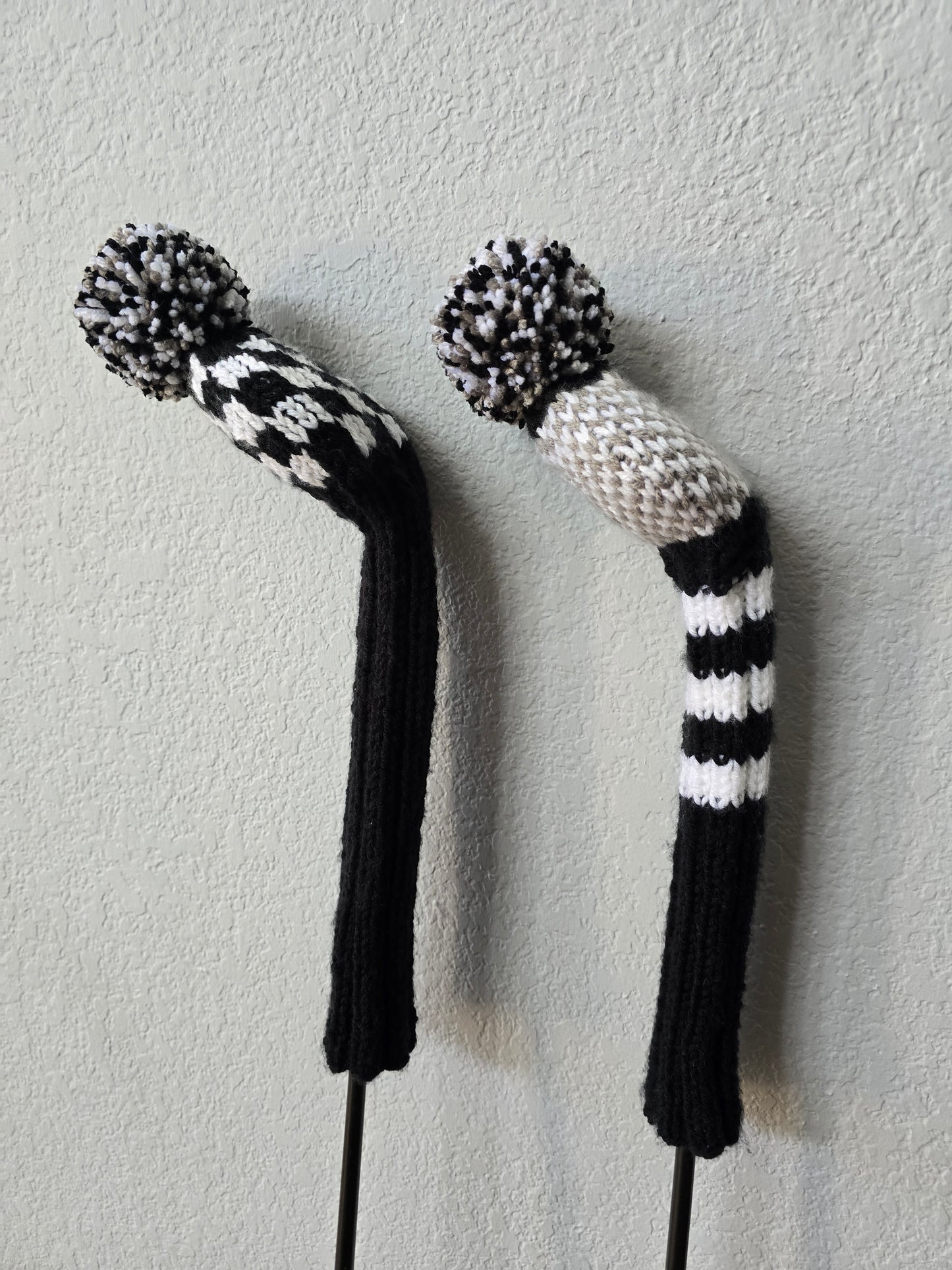 Golf Club Covers Hand Knit Black & White with Pom Poms for Fairway Woods