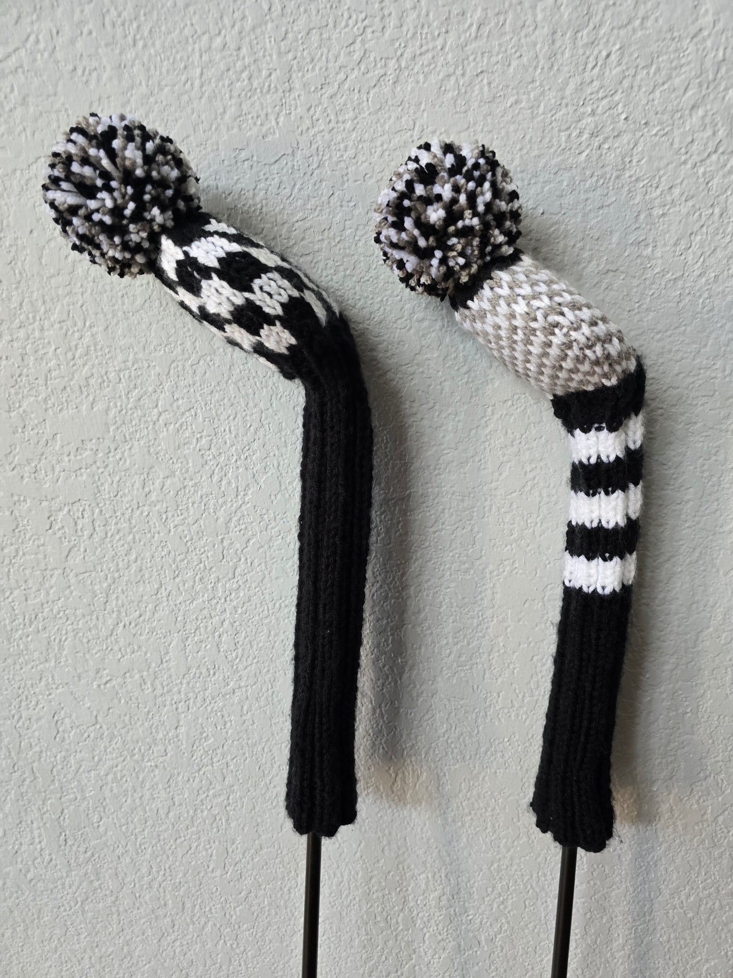 Golf Club Covers Hand Knit Black & White with Pom Poms for Fairway Woods