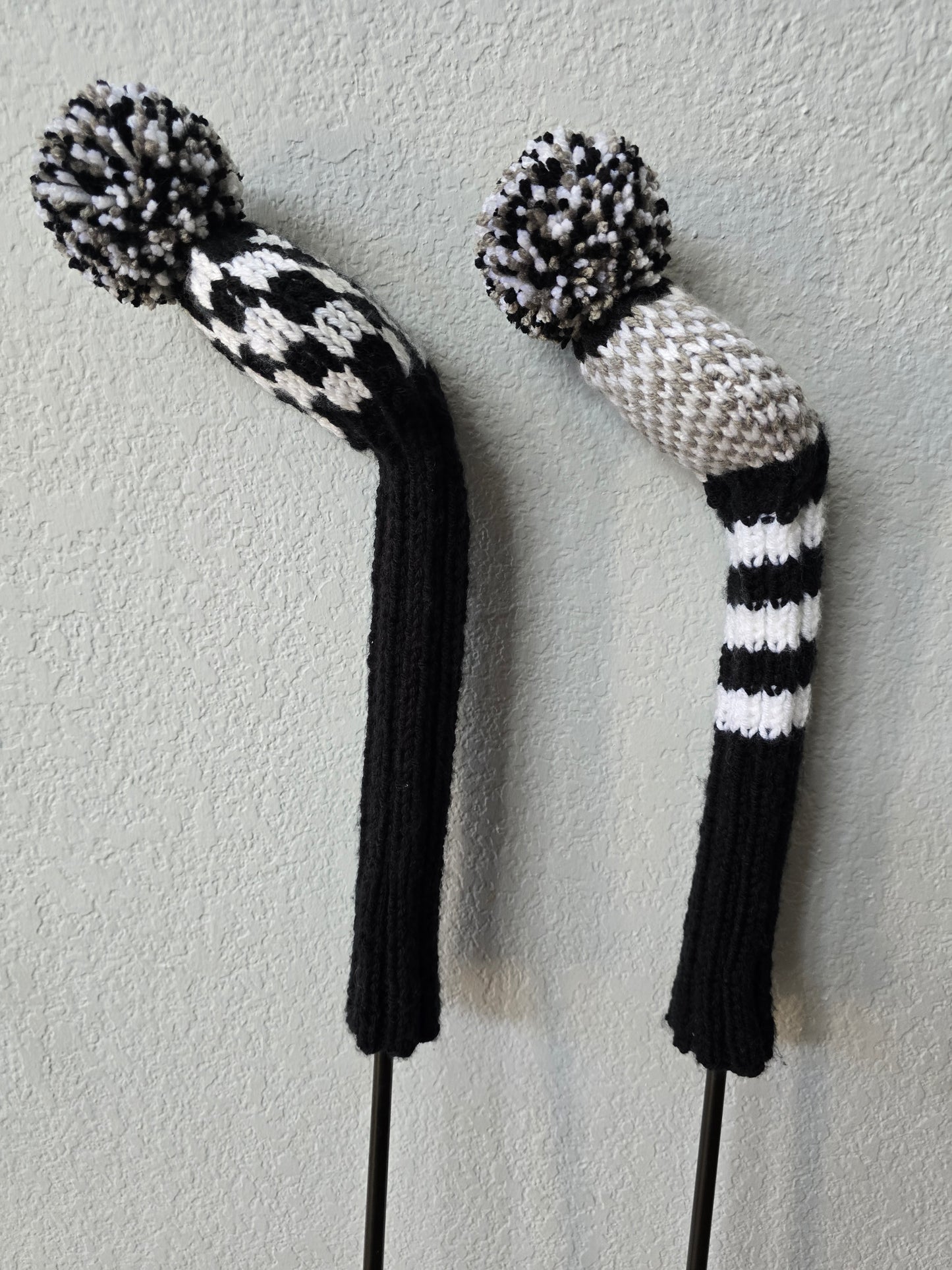 Golf Club Covers Hand Knit Black & White with Pom Poms for Fairway Woods