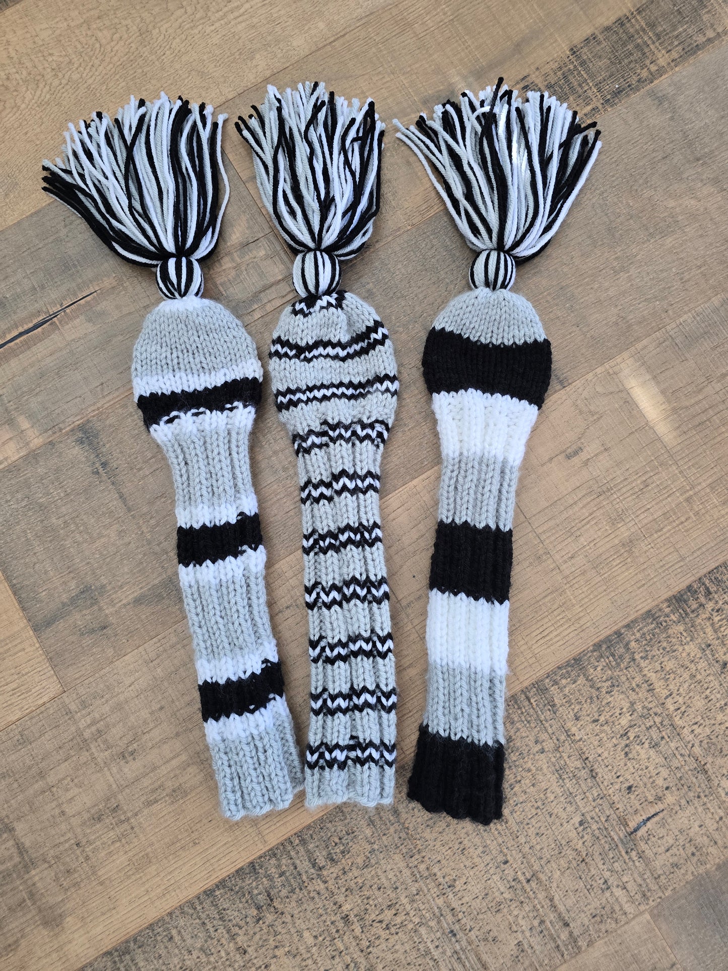 Custom Golf Club Covers Hand Knit Gray, Black & White for Hybrids for Gordie