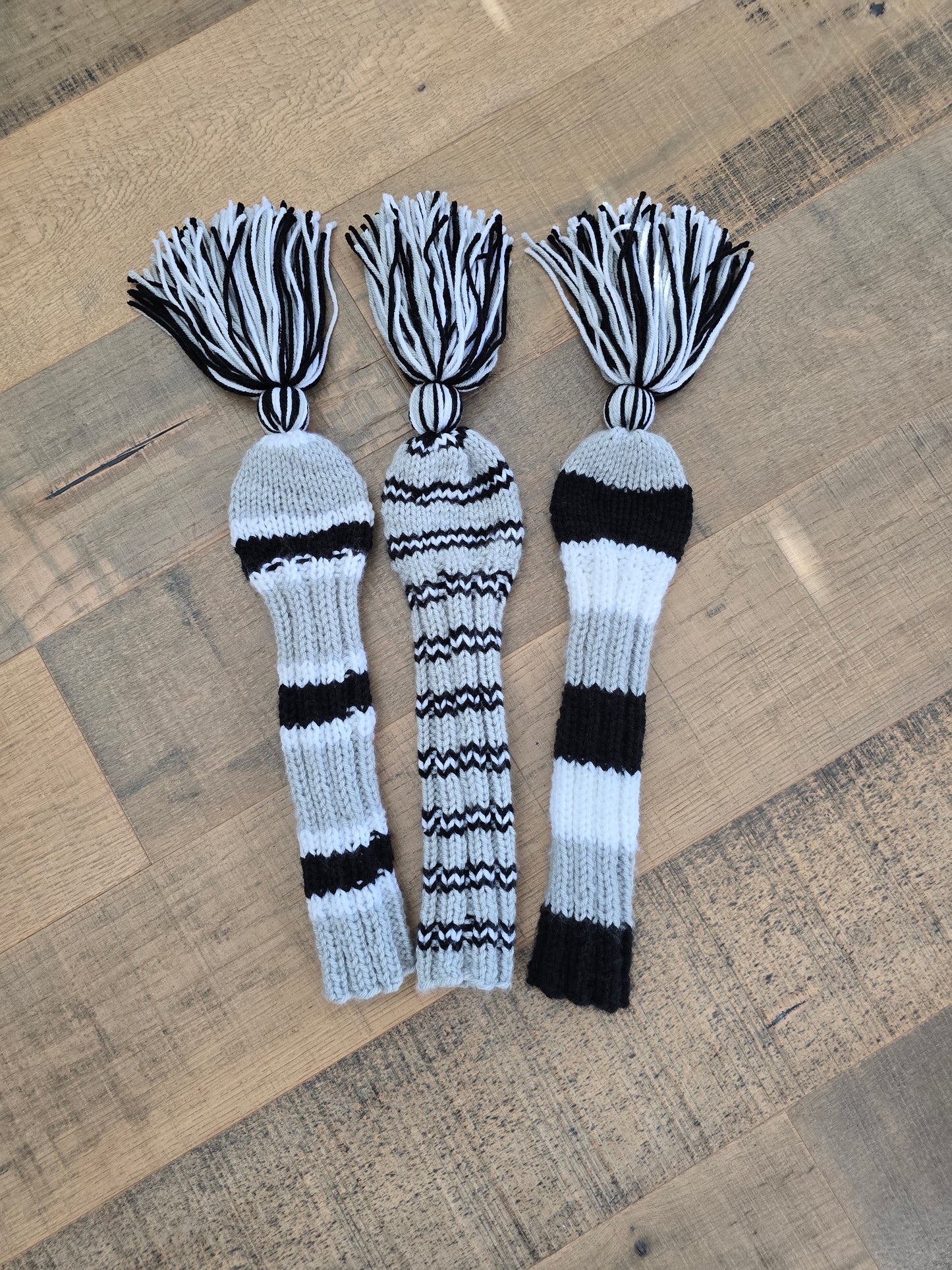 Custom Golf Club Covers Hand Knit Gray, Black & White for Hybrids for Gordie