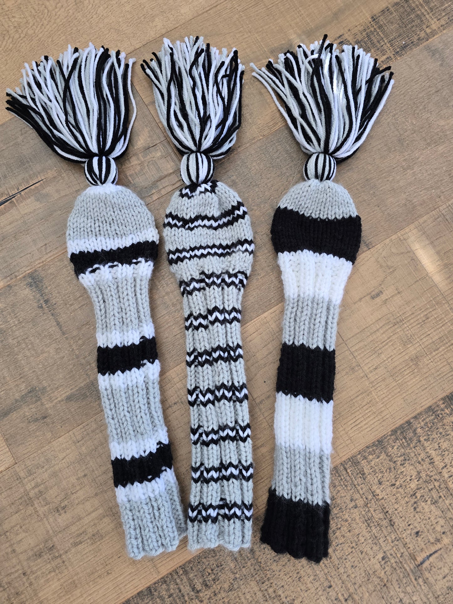 Custom Golf Club Covers Hand Knit Gray, Black & White for Hybrids for Gordie