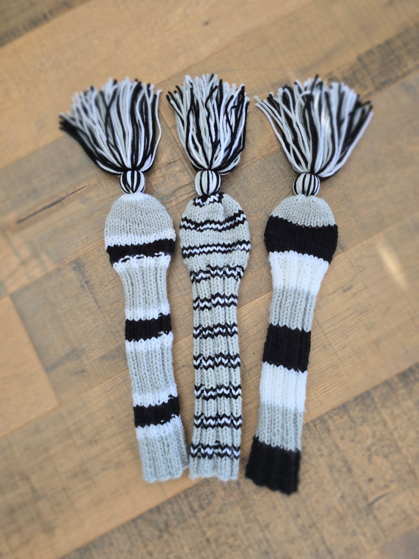 Custom Golf Club Covers Hand Knit Gray, Black & White for Hybrids for Gordie