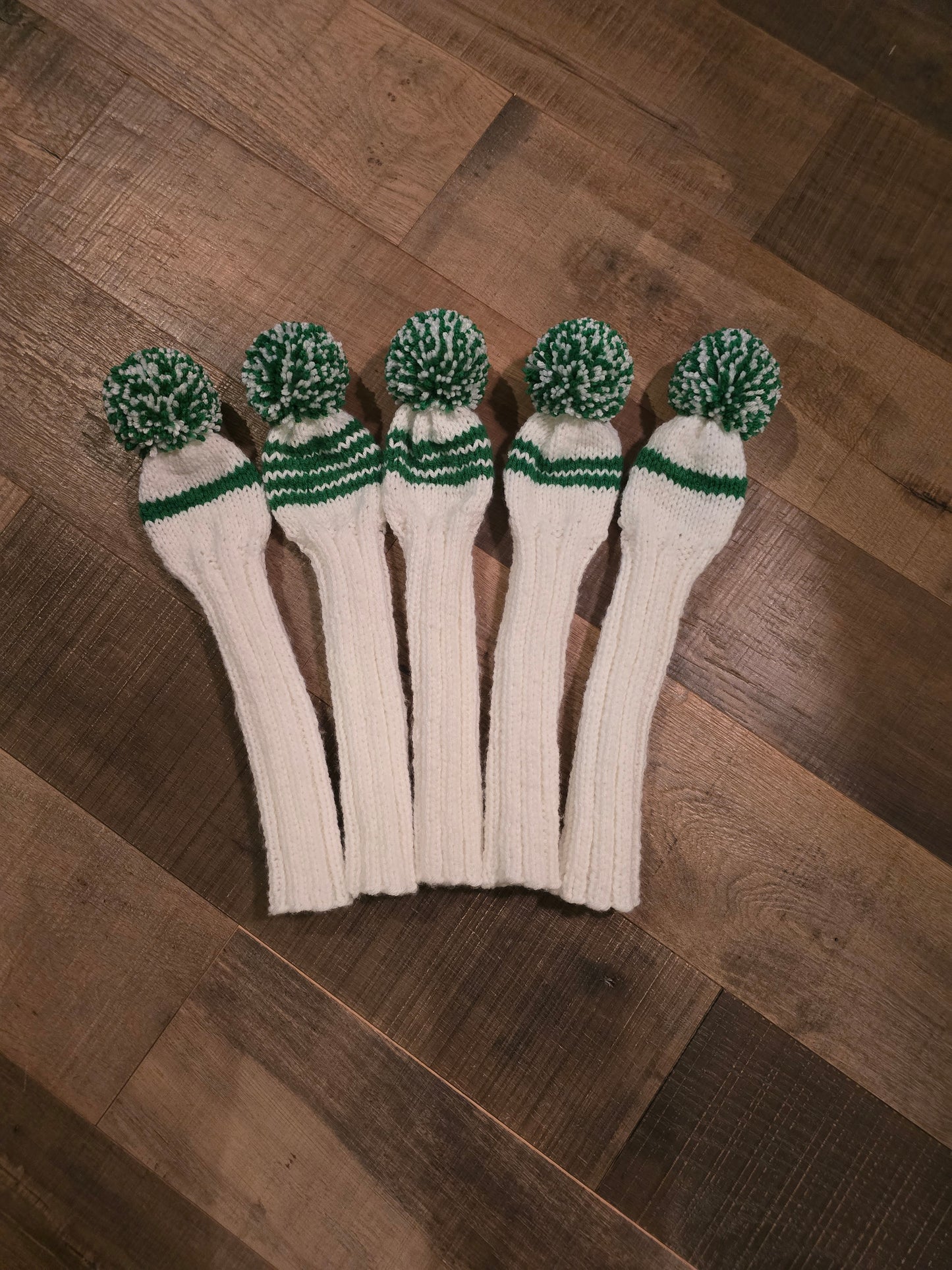 Custom Hand Knit Golf Club Head Covers White & Green for Persimmon Woods for Michael