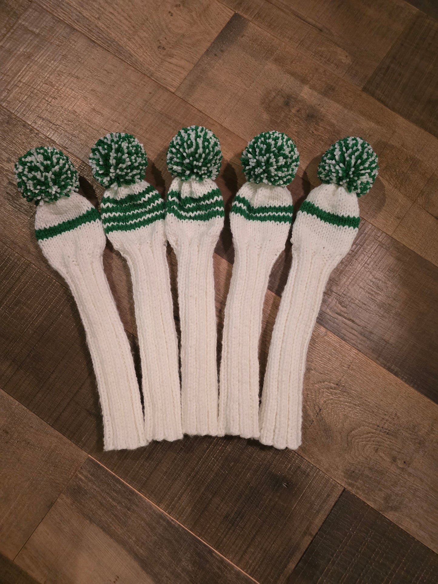 Custom Hand Knit Golf Club Head Covers White & Green for Persimmon Woods for Michael