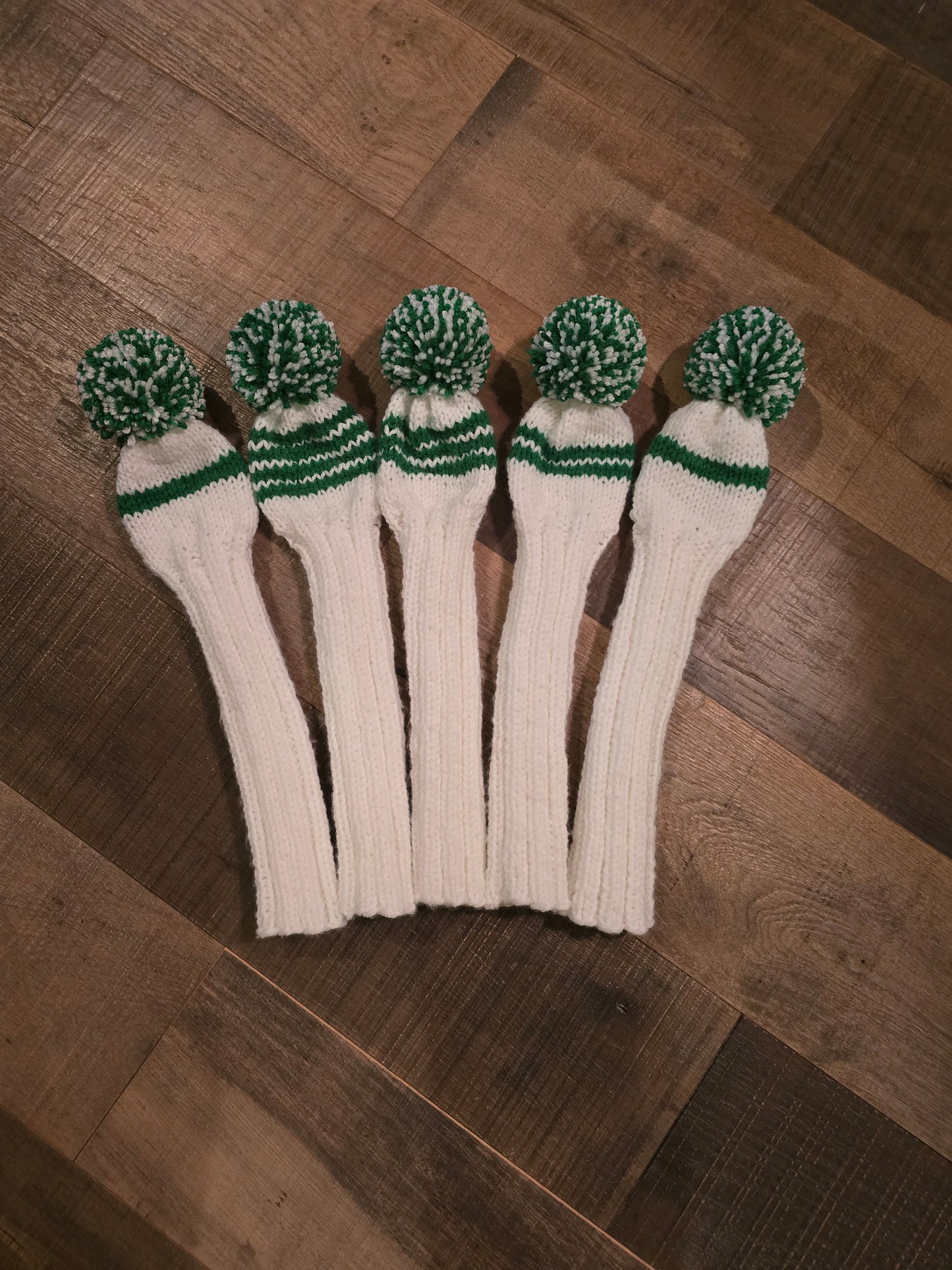 Custom Hand Knit Golf Club Head Covers White & Green for Persimmon Woods for Michael