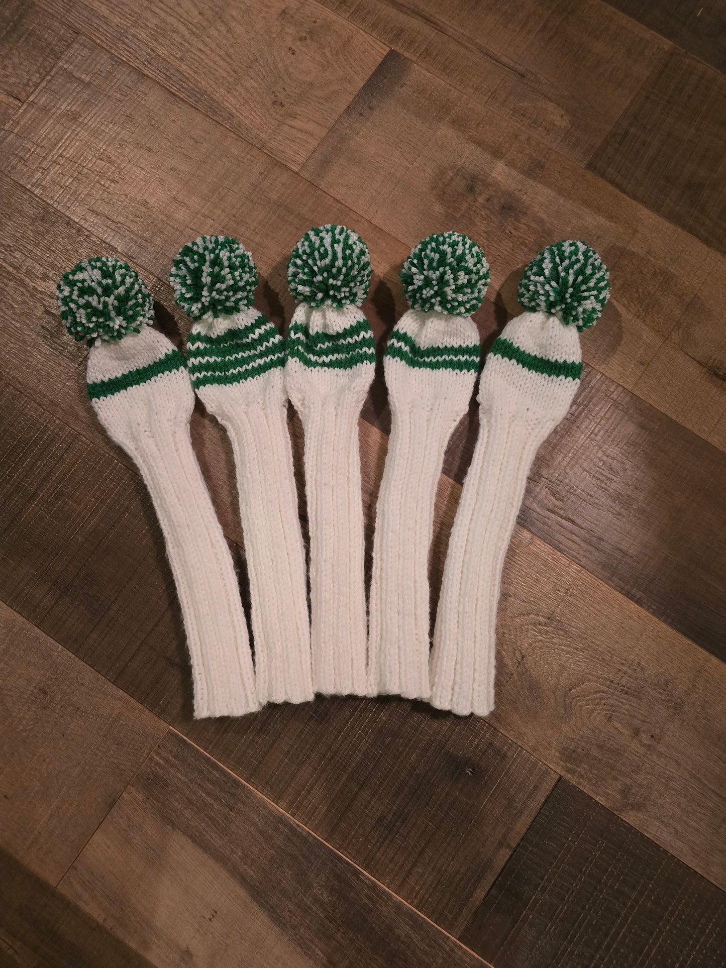 Custom Hand Knit Golf Club Head Covers White & Green for Persimmon Woods for Michael