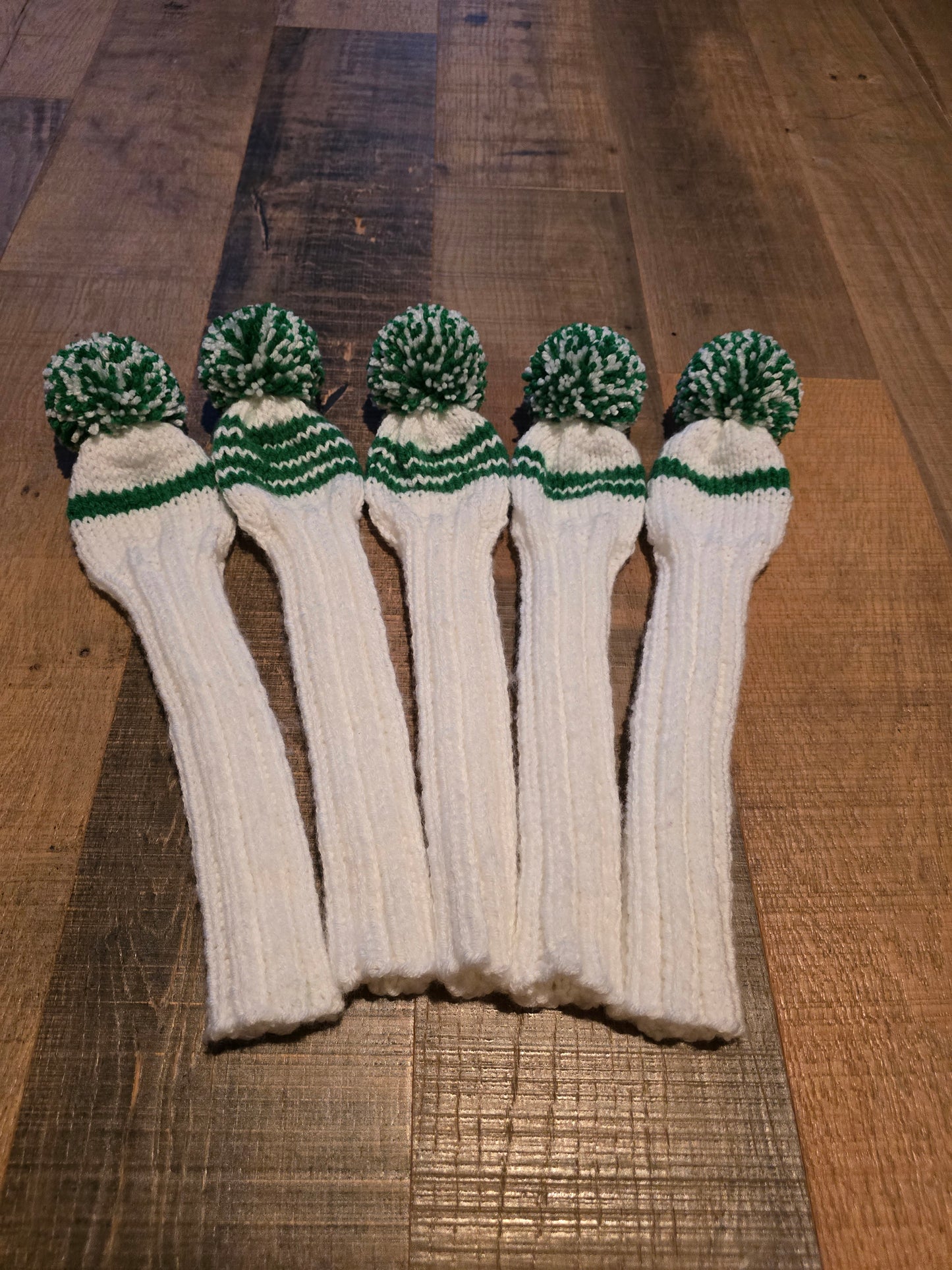 Custom Hand Knit Golf Club Head Covers White & Green for Persimmon Woods for Michael