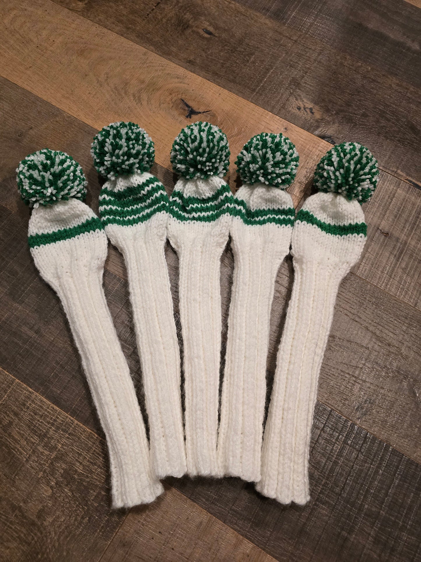 Custom Hand Knit Golf Club Head Covers White & Green for Persimmon Woods for Michael