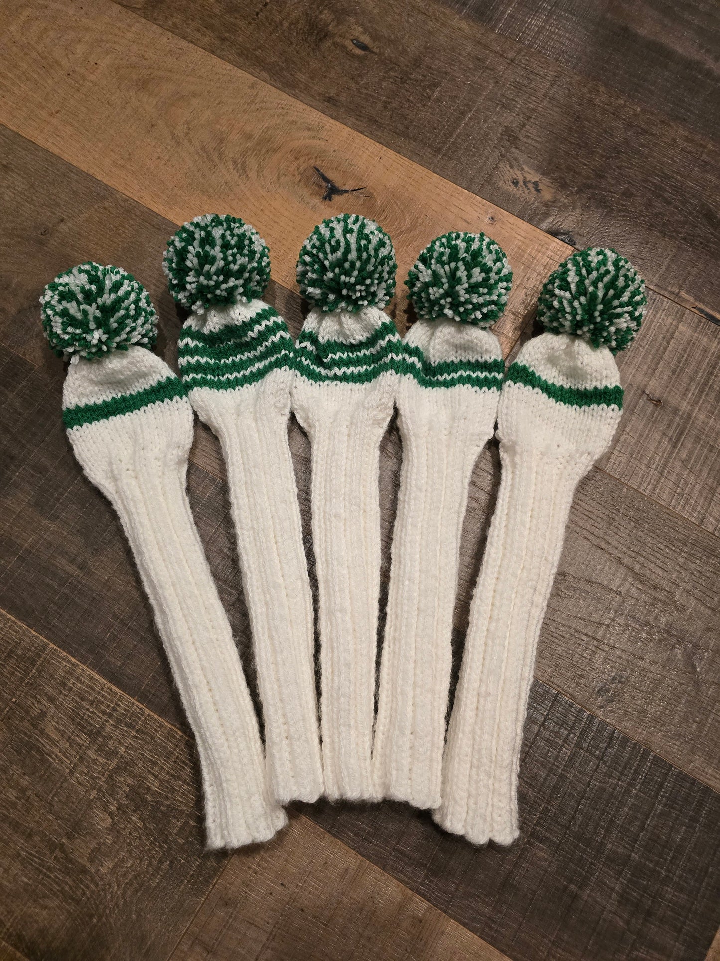 Custom Hand Knit Golf Club Head Covers White & Green for Persimmon Woods for Michael