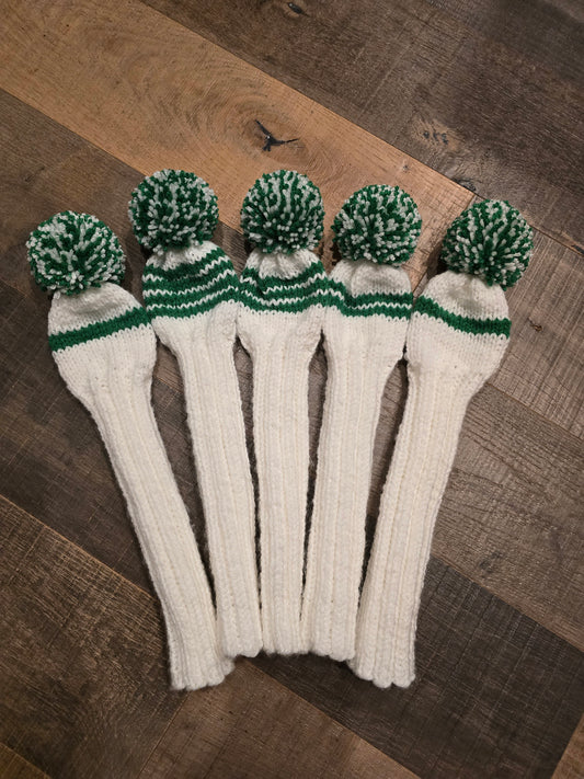 Custom Hand Knit Golf Club Head Covers White & Green for Persimmon Woods for Michael