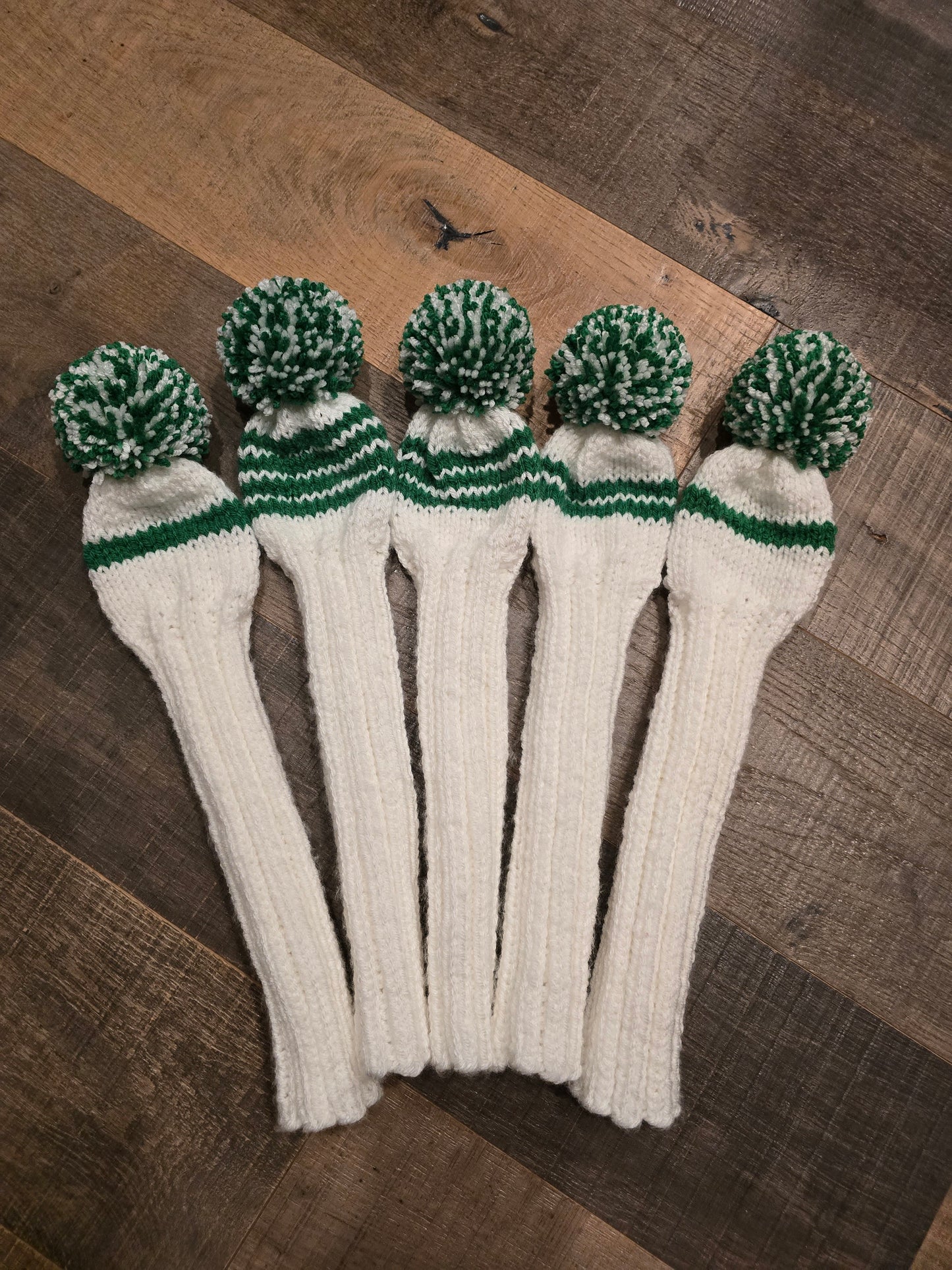 Custom Hand Knit Golf Club Head Covers White & Green for Persimmon Woods for Michael