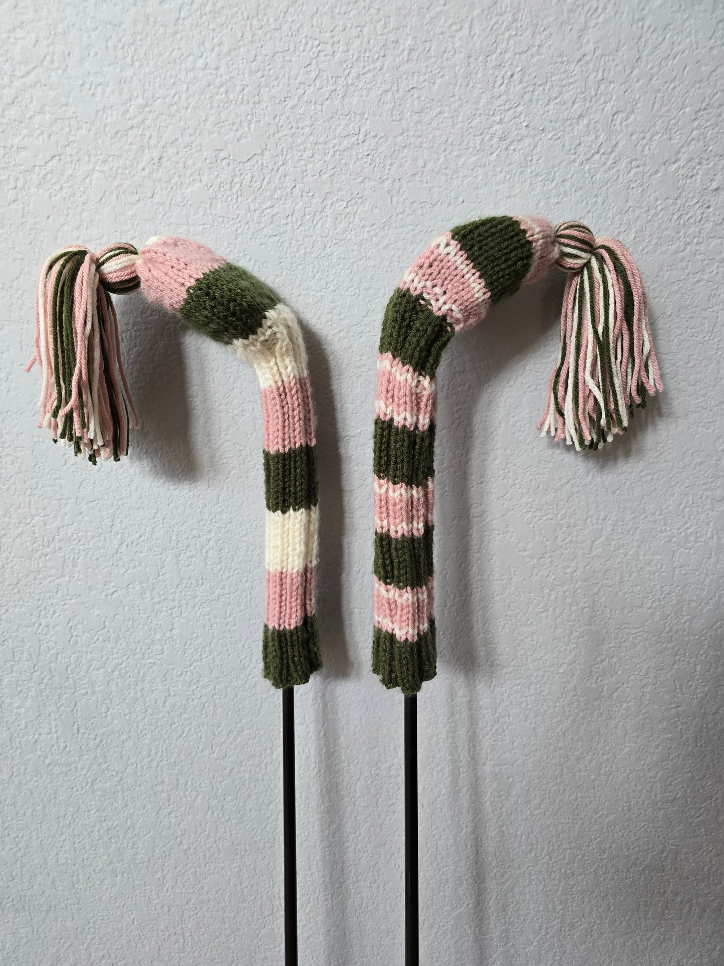 Two Golf Club Head Covers Retro-Vintage Pink, Green & Gray with Tassels for Fairway Woods