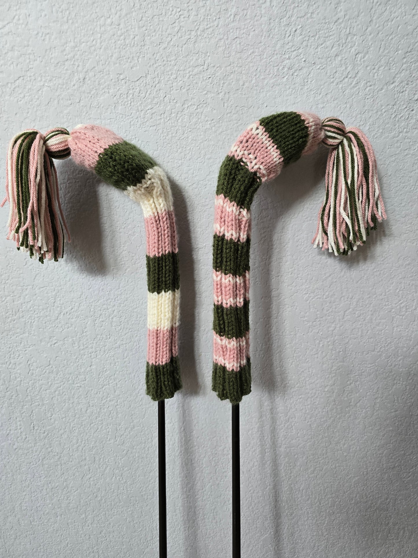 Two Golf Club Head Covers Retro-Vintage Pink, Green & Gray with Tassels for Fairway Woods