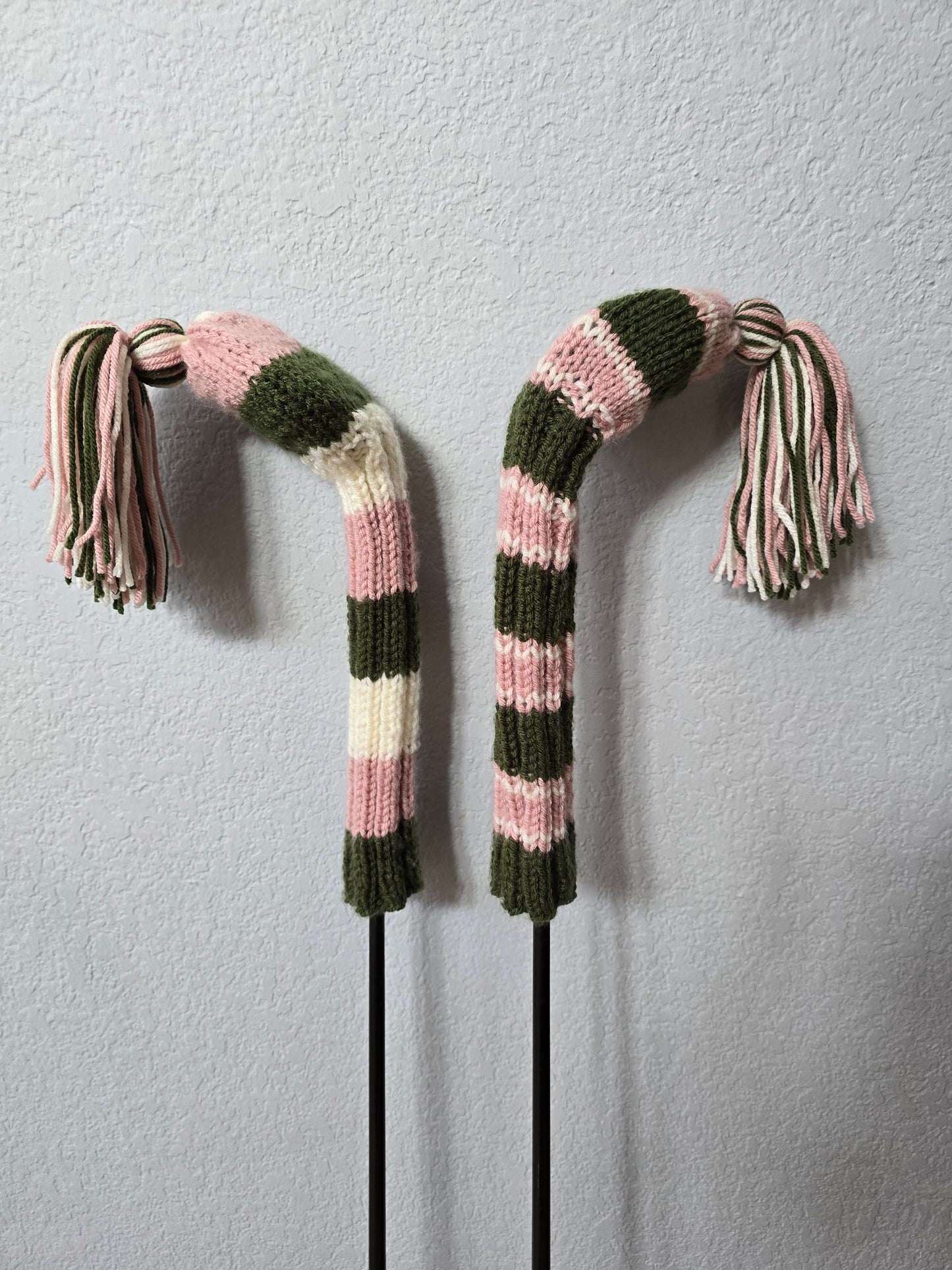 Two Golf Club Head Covers Retro-Vintage Pink, Green & Gray with Tassels for Fairway Woods