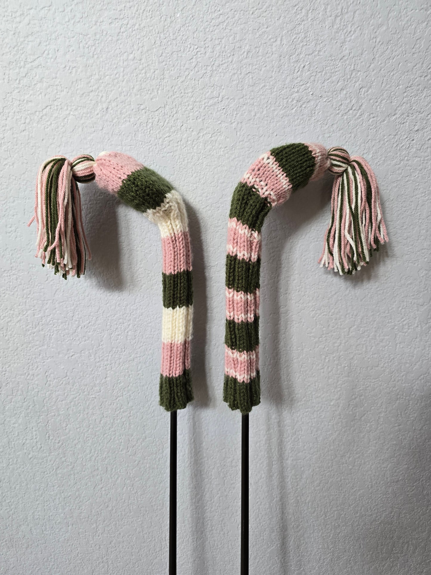 Two Golf Club Head Covers Retro-Vintage Pink, Green & Gray with Tassels for Fairway Woods