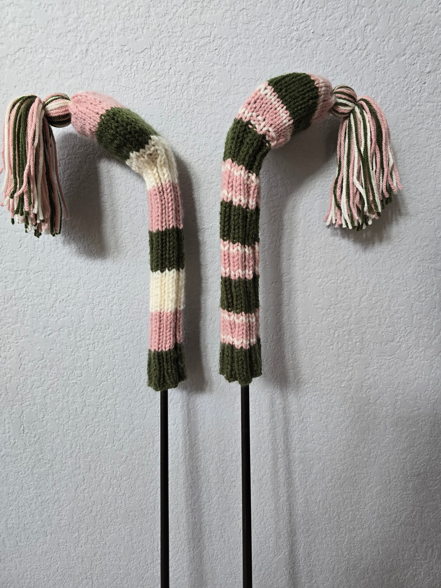 Two Golf Club Head Covers Retro-Vintage Pink, Green & Gray with Tassels for Fairway Woods