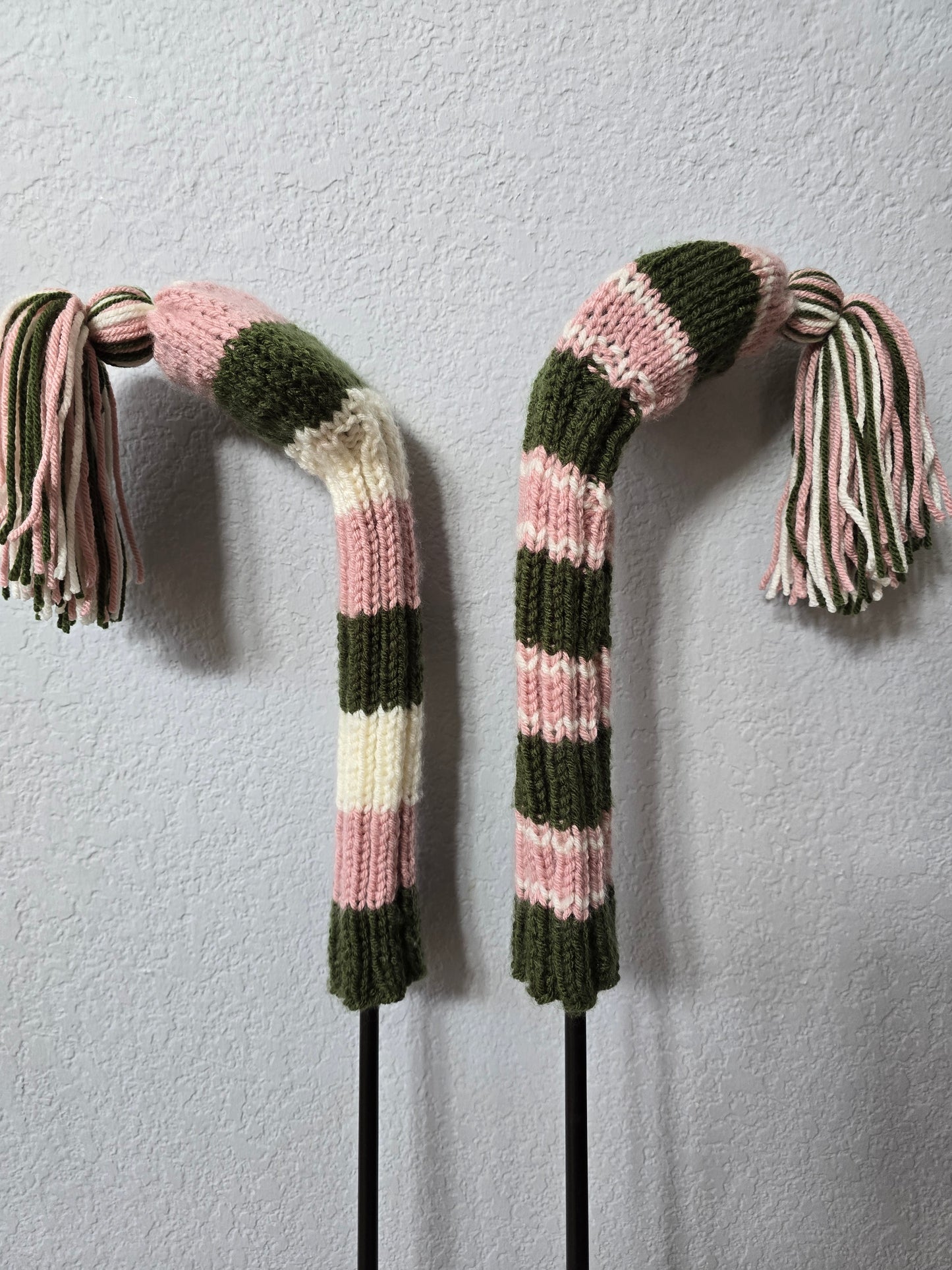 Two Golf Club Head Covers Retro-Vintage Pink, Green & Gray with Tassels for Fairway Woods