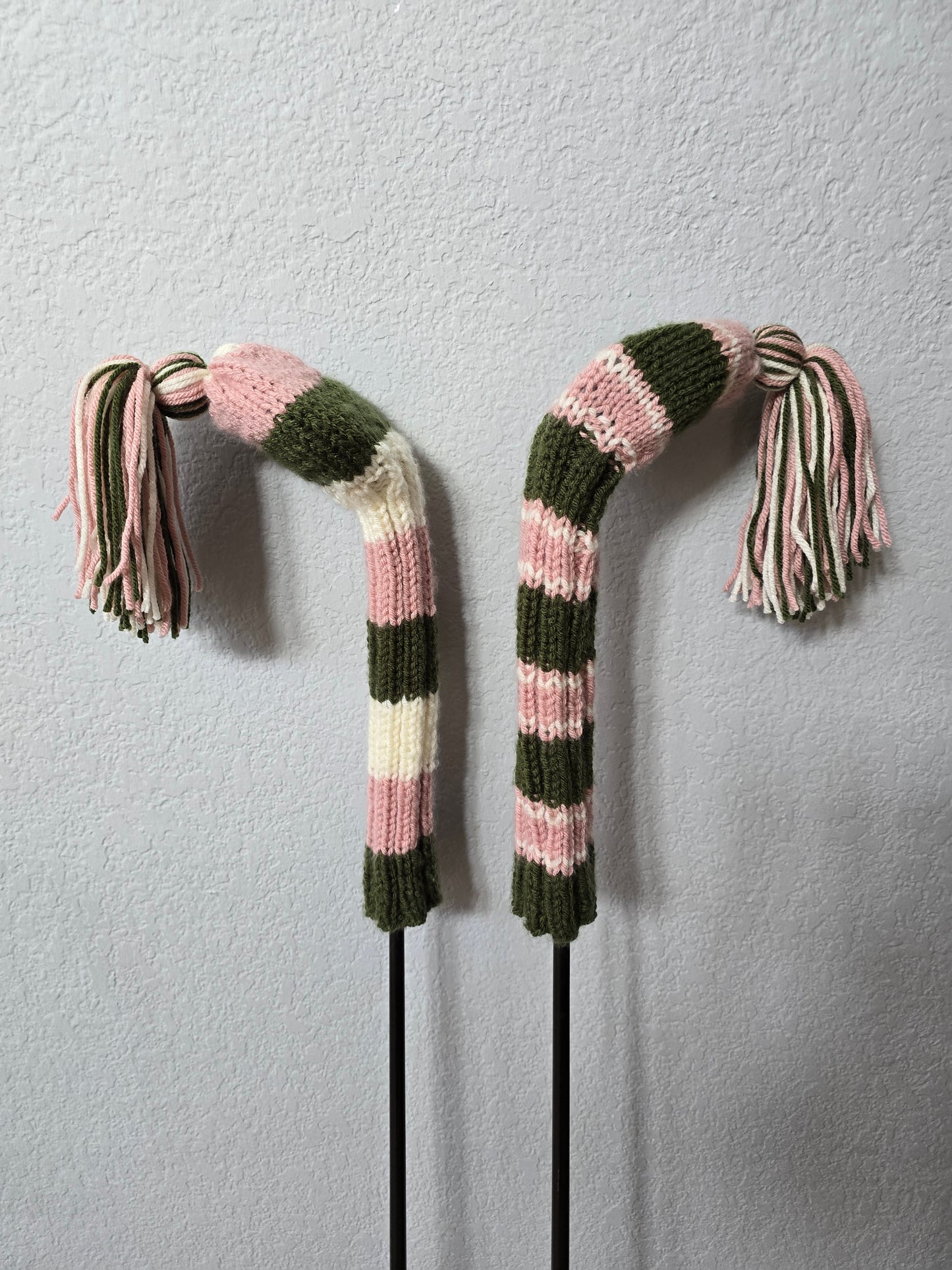 Two Golf Club Head Covers Retro-Vintage Pink, Green & Gray with Tassels for Fairway Woods