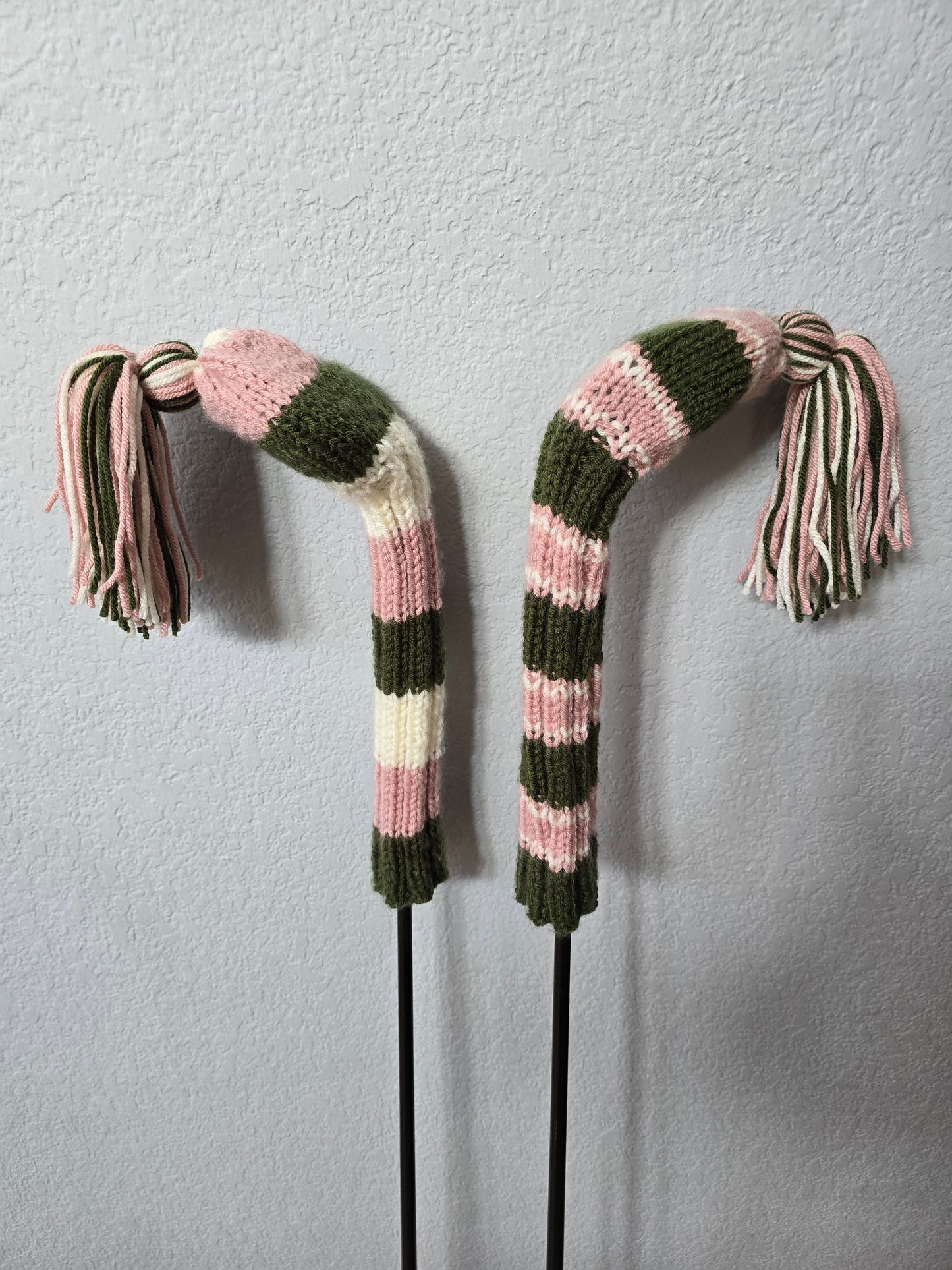 Two Golf Club Head Covers Retro-Vintage Pink, Green & Gray with Tassels for Fairway Woods