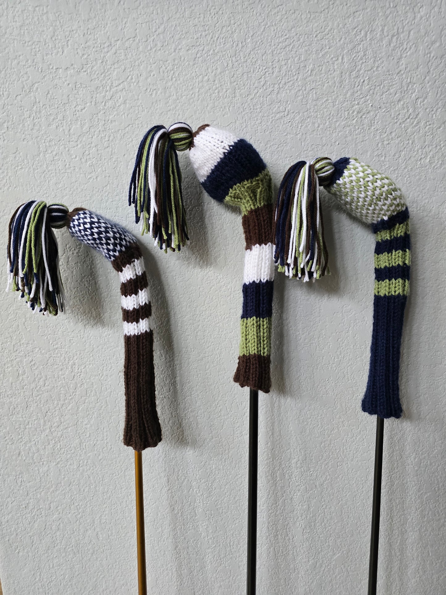 Hand Knit Golf Club Head Covers Retro-Vintage Navy, Green, White & Brown Custom for Mark