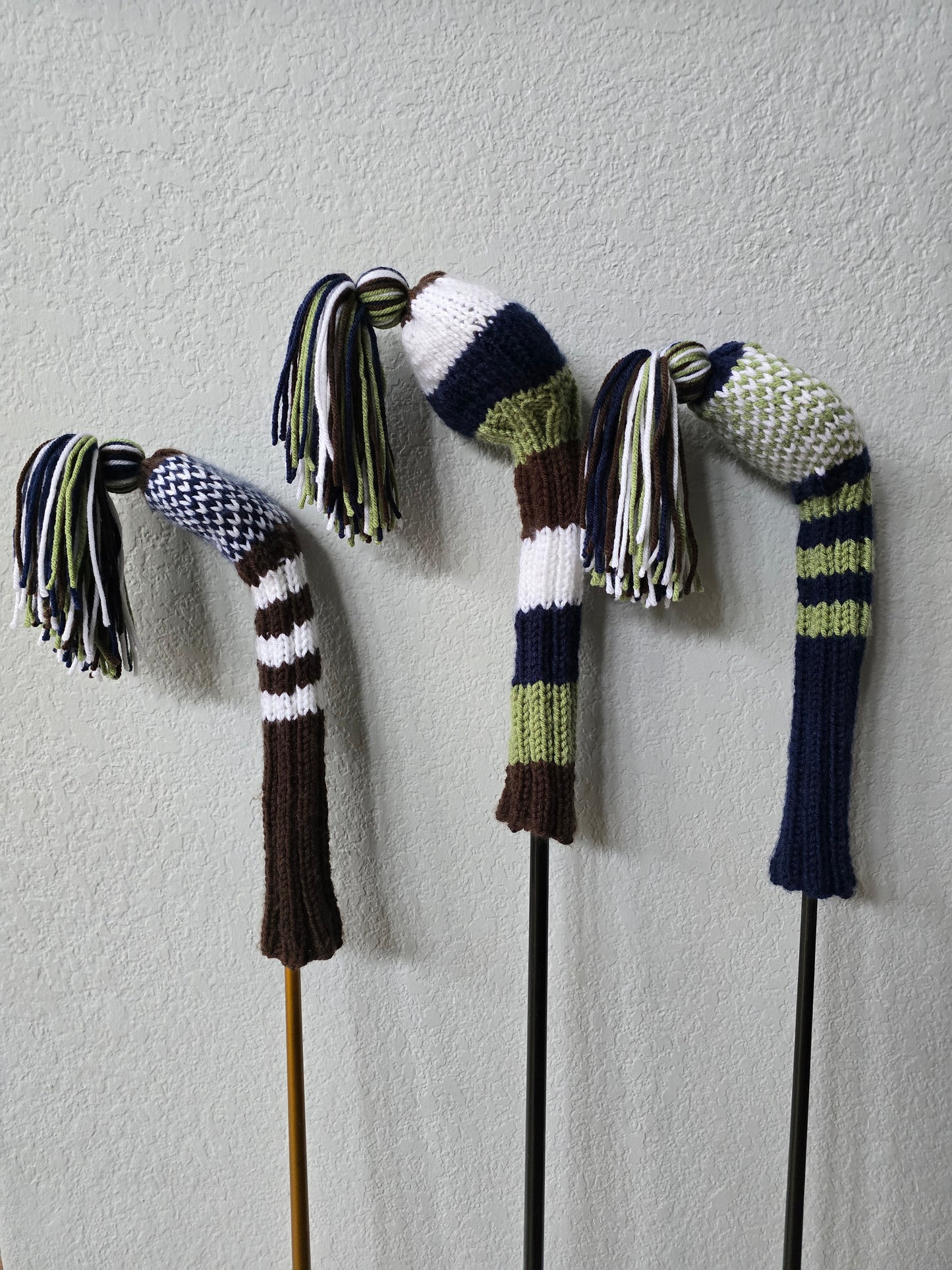 Hand Knit Golf Club Head Covers Retro-Vintage Navy, Green, White & Brown Custom for Mark