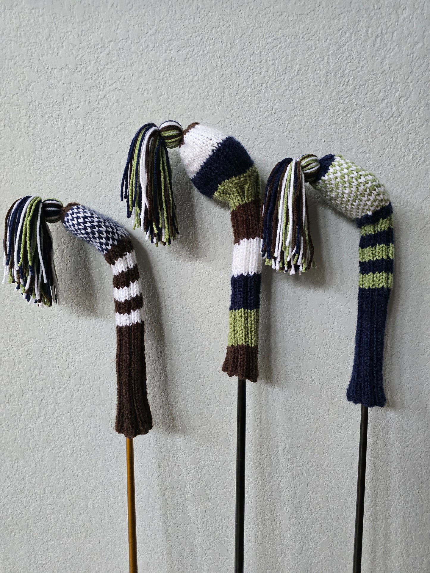 Hand Knit Golf Club Head Covers Retro-Vintage Navy, Green, White & Brown Custom for Mark