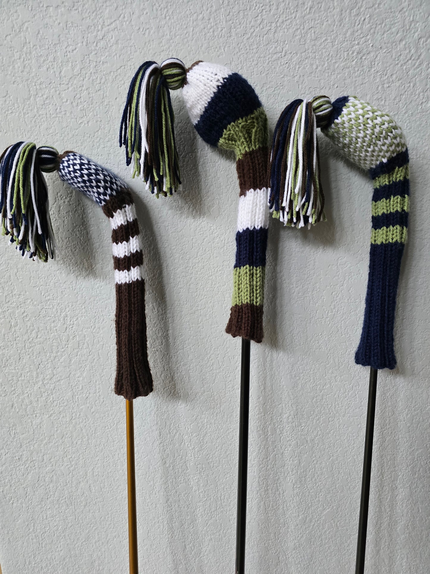 Hand Knit Golf Club Head Covers Retro-Vintage Navy, Green, White & Brown Custom for Mark