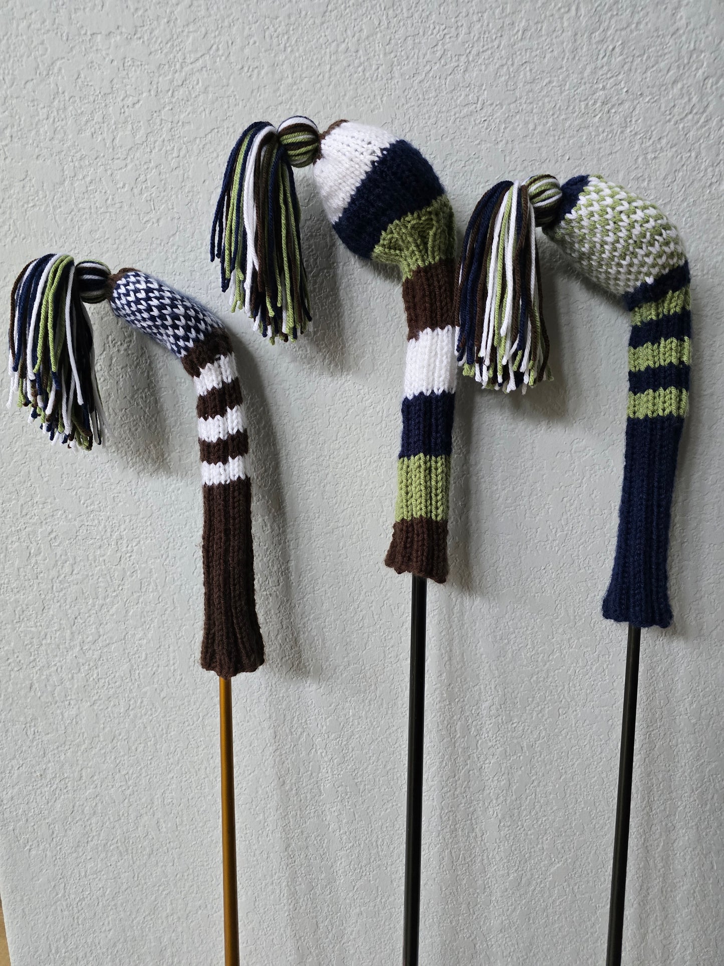 Hand Knit Golf Club Head Covers Retro-Vintage Navy, Green, White & Brown Custom for Mark