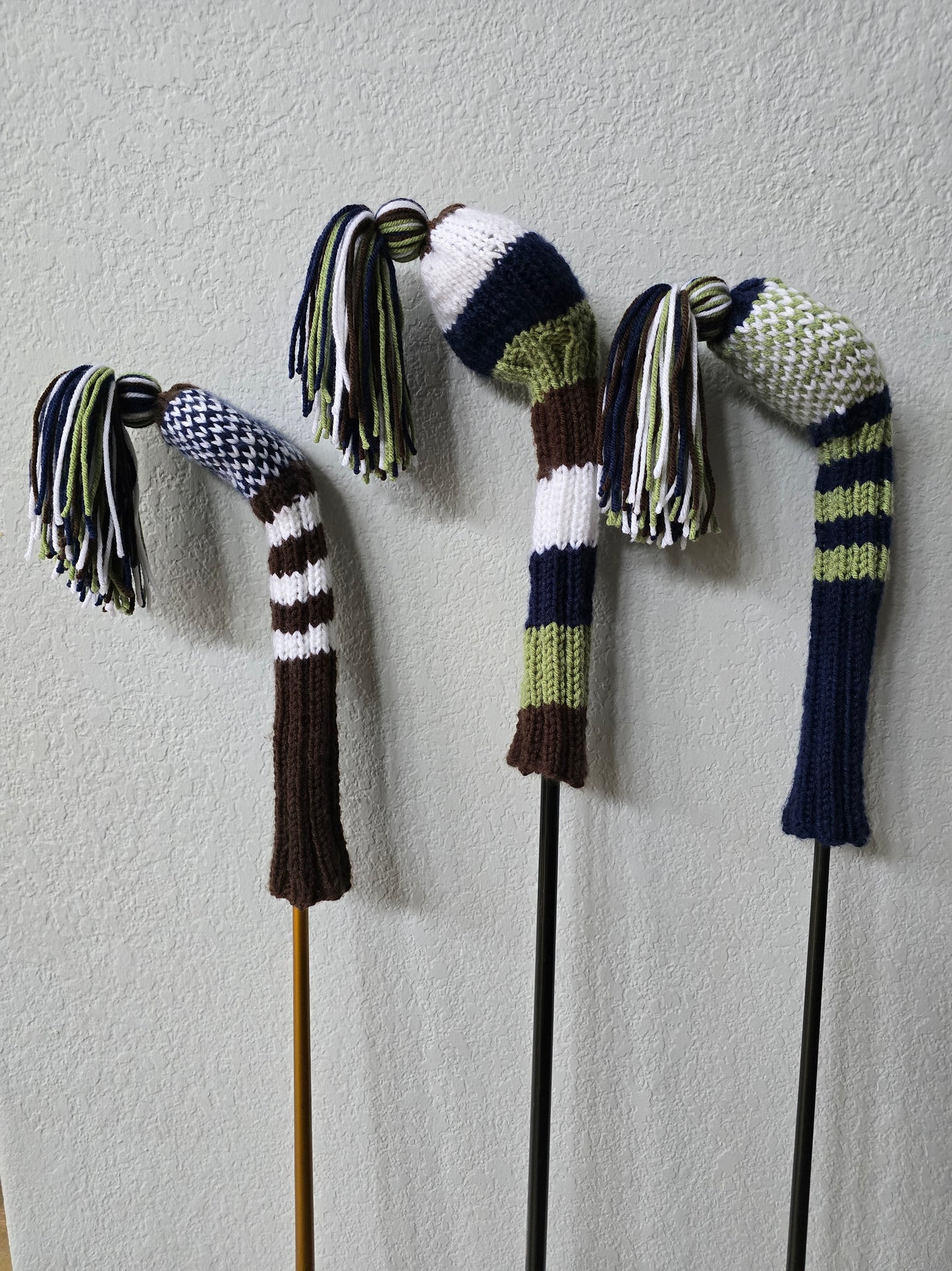 Hand Knit Golf Club Head Covers Retro-Vintage Navy, Green, White & Brown Custom for Mark