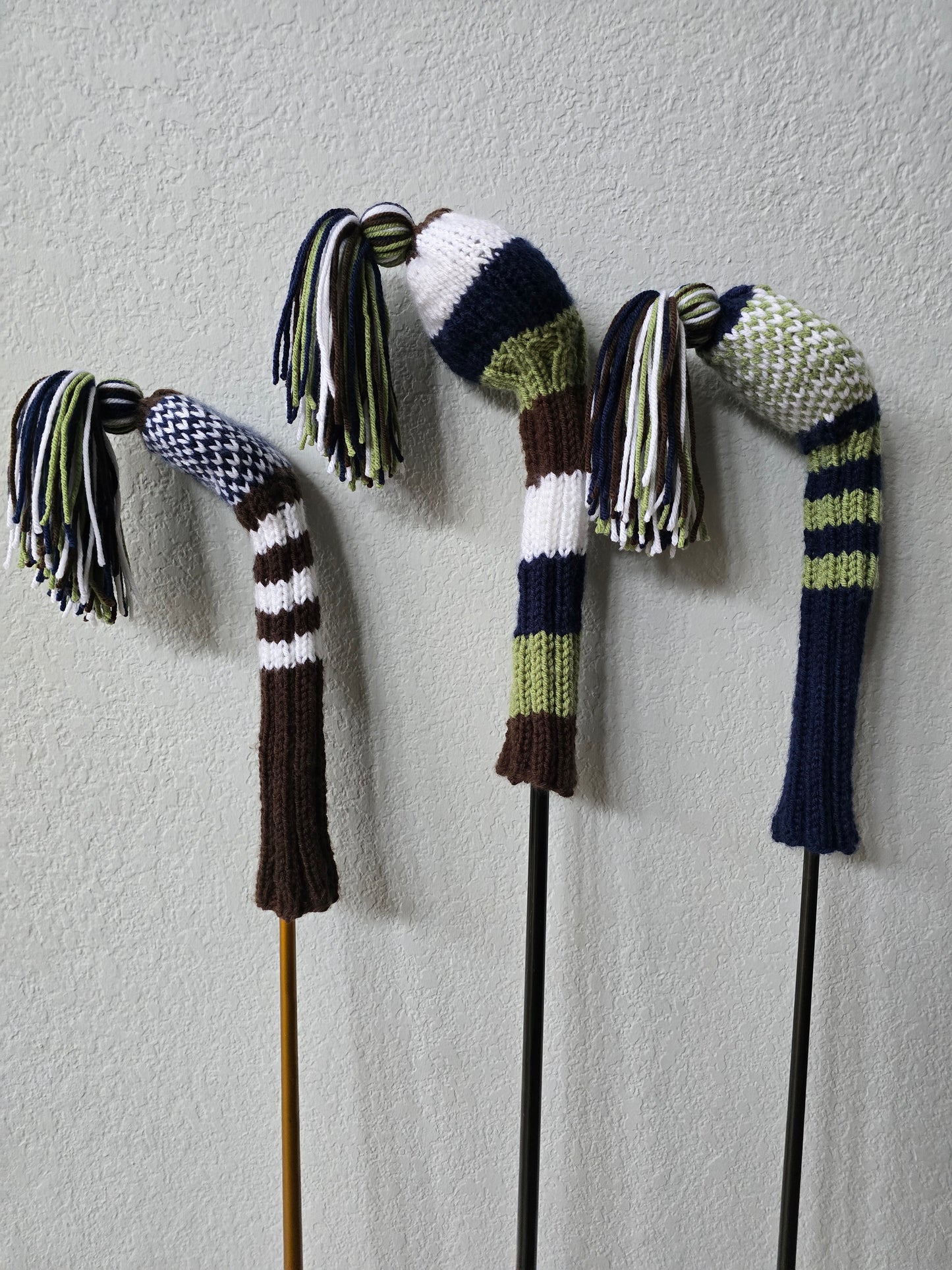 Hand Knit Golf Club Head Covers Retro-Vintage Navy, Green, White & Brown Custom for Mark