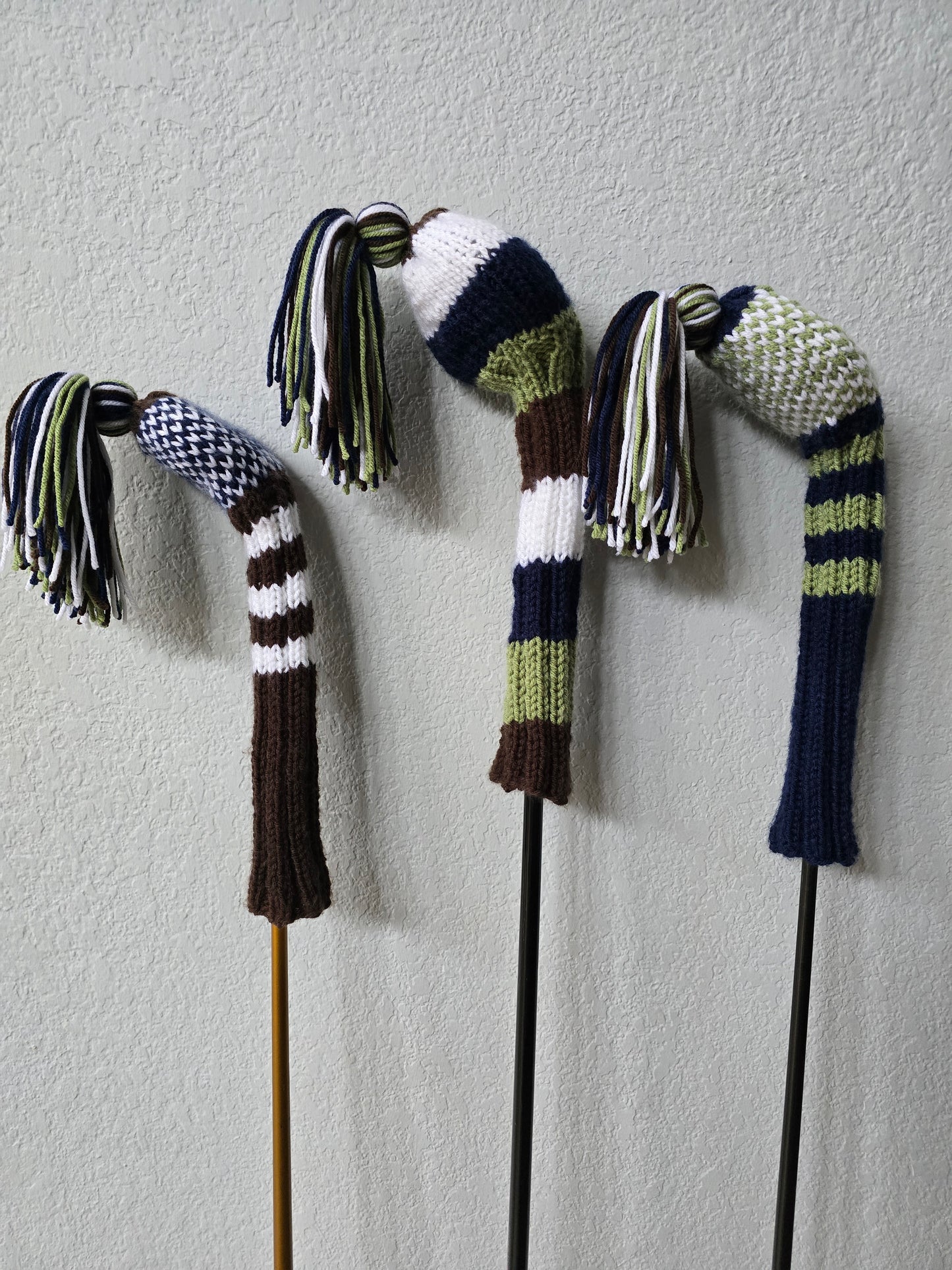 Hand Knit Golf Club Head Covers Retro-Vintage Navy, Green, White & Brown Custom for Mark